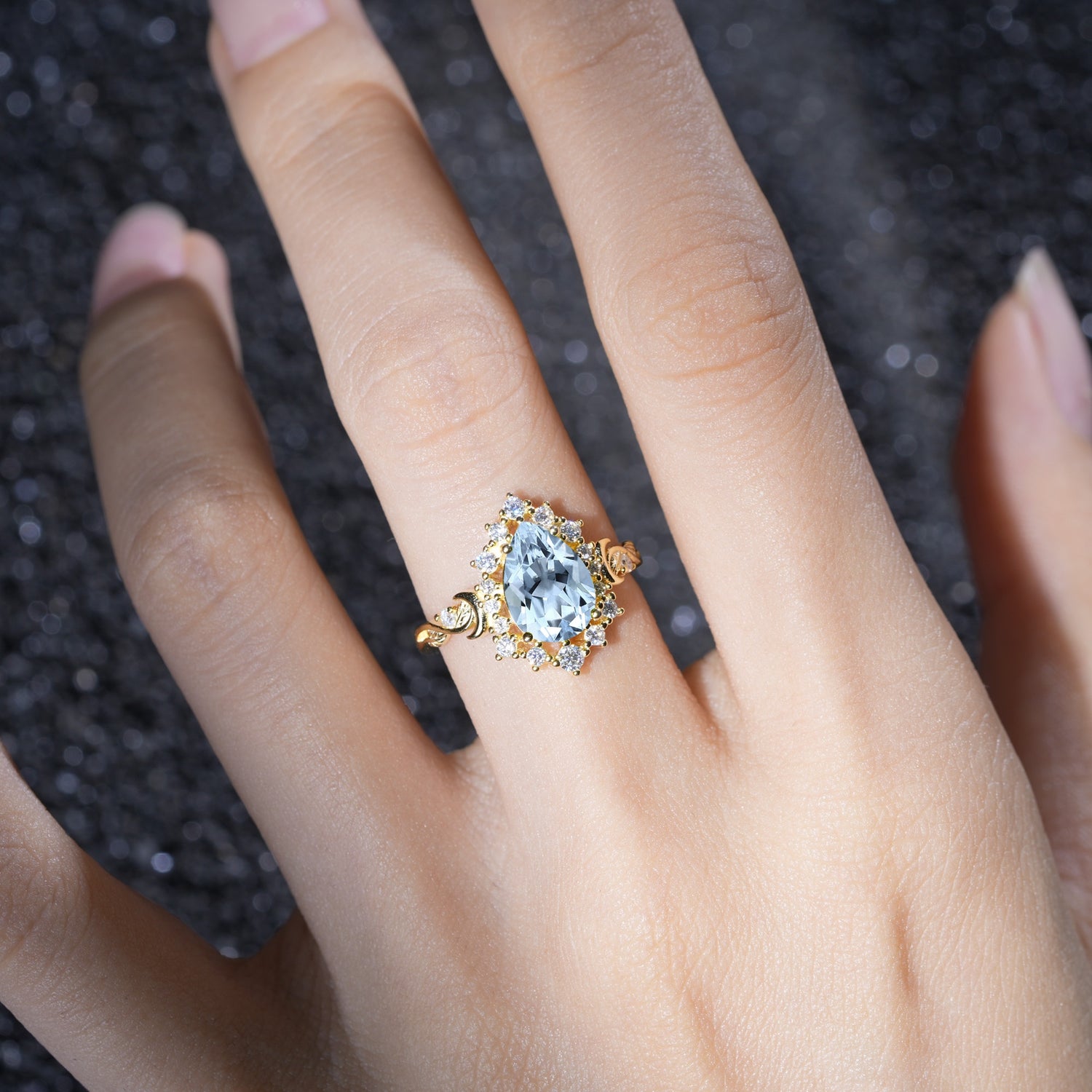 Vintage Pear Cut Halo Ornate Scroll Aquamarine Engagement Ring - Additional view