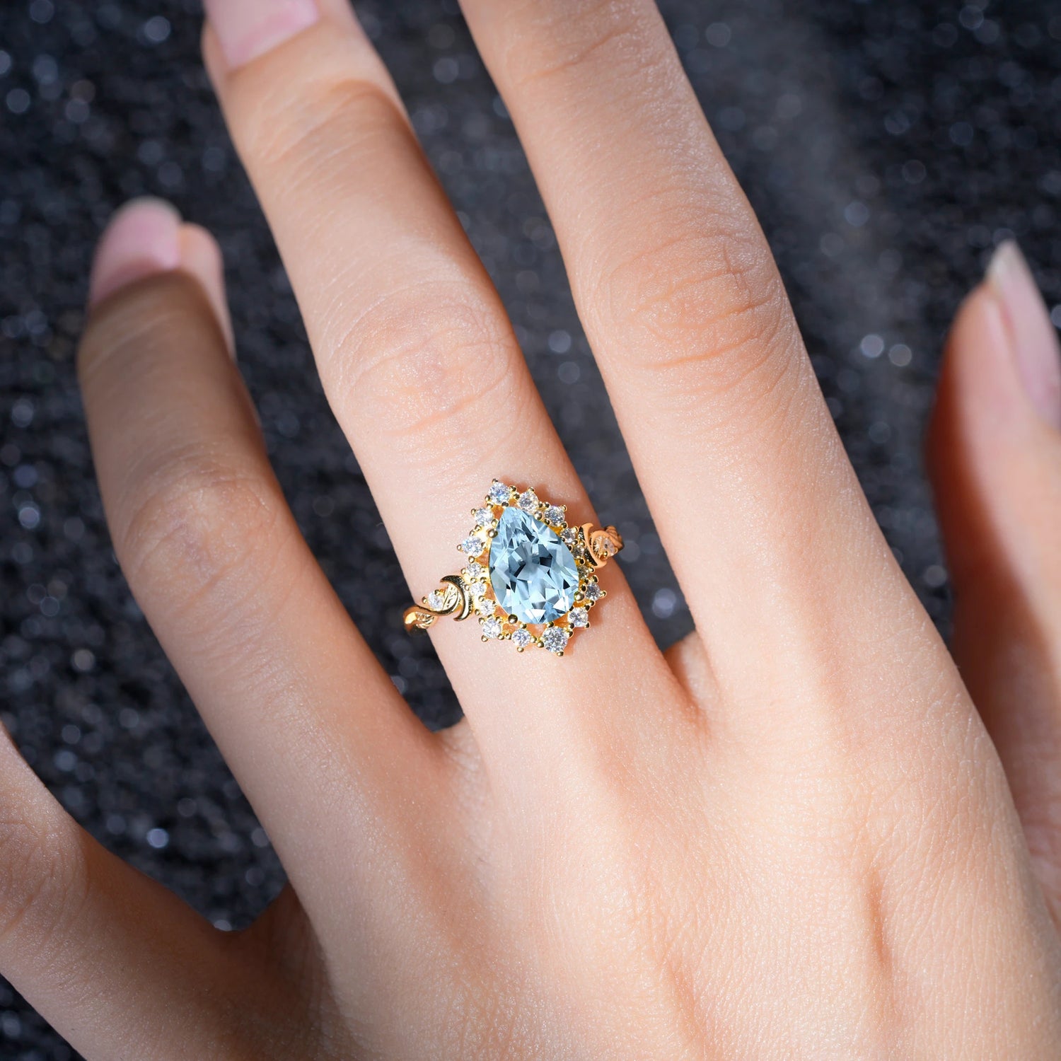 Vintage Pear Cut Halo Ornate Scroll Aquamarine Engagement Ring