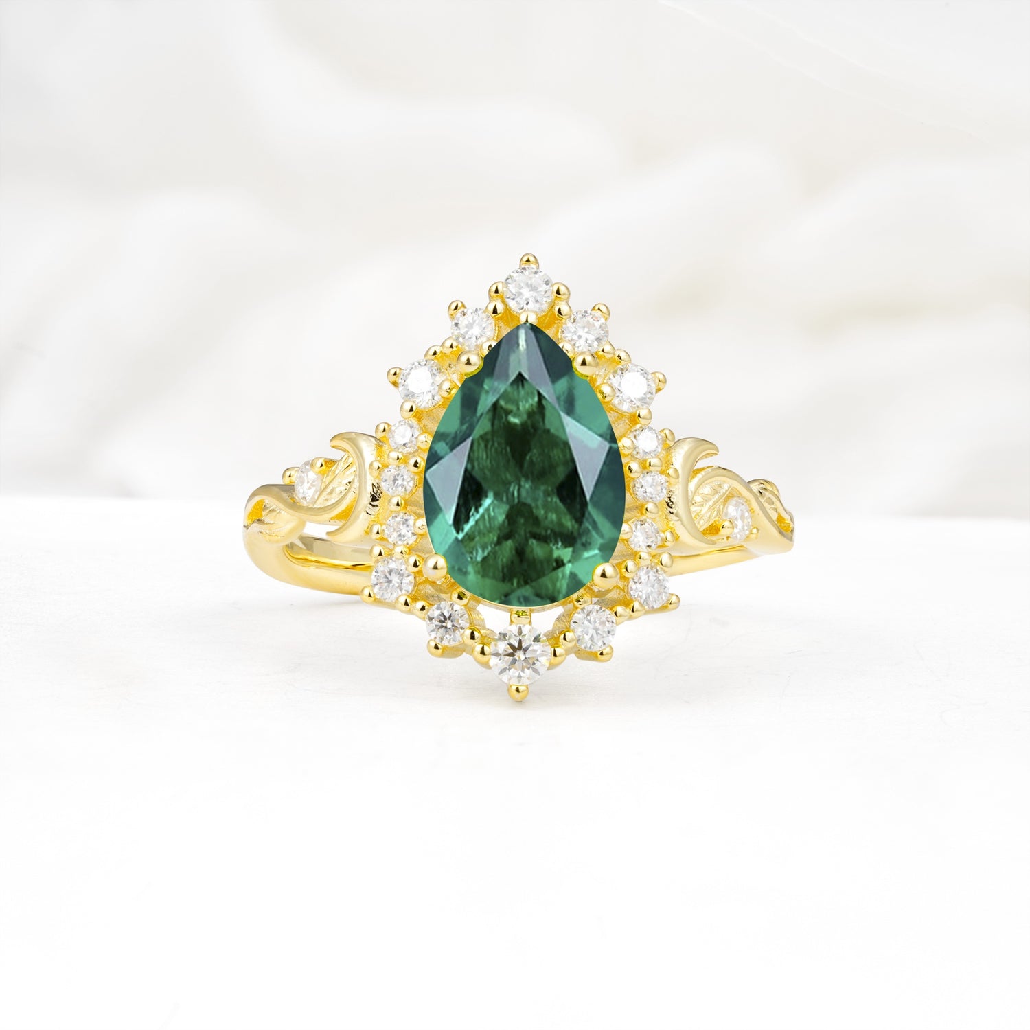 Vintage Pear Cut Halo Ornate Scroll Emerald Engagement Ring - Additional view