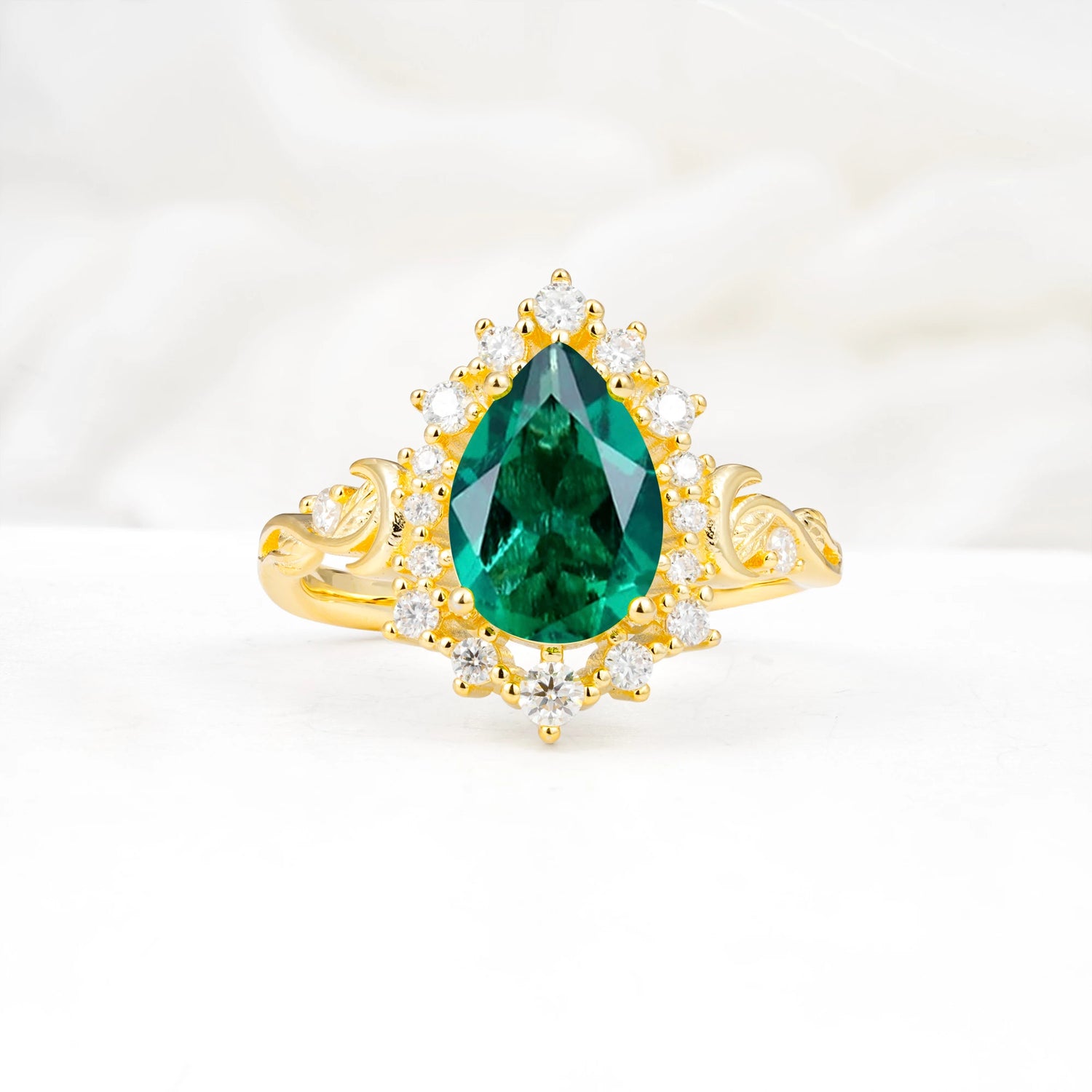 Vintage Pear Cut Halo Ornate Scroll Emerald Engagement Ring