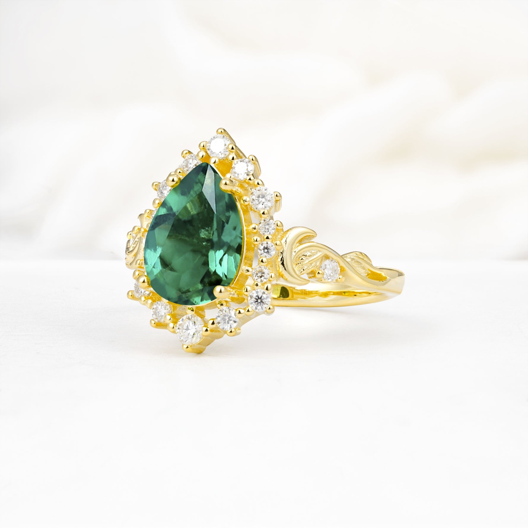 Vintage Pear Cut Halo Ornate Scroll Emerald Engagement Ring - Additional view