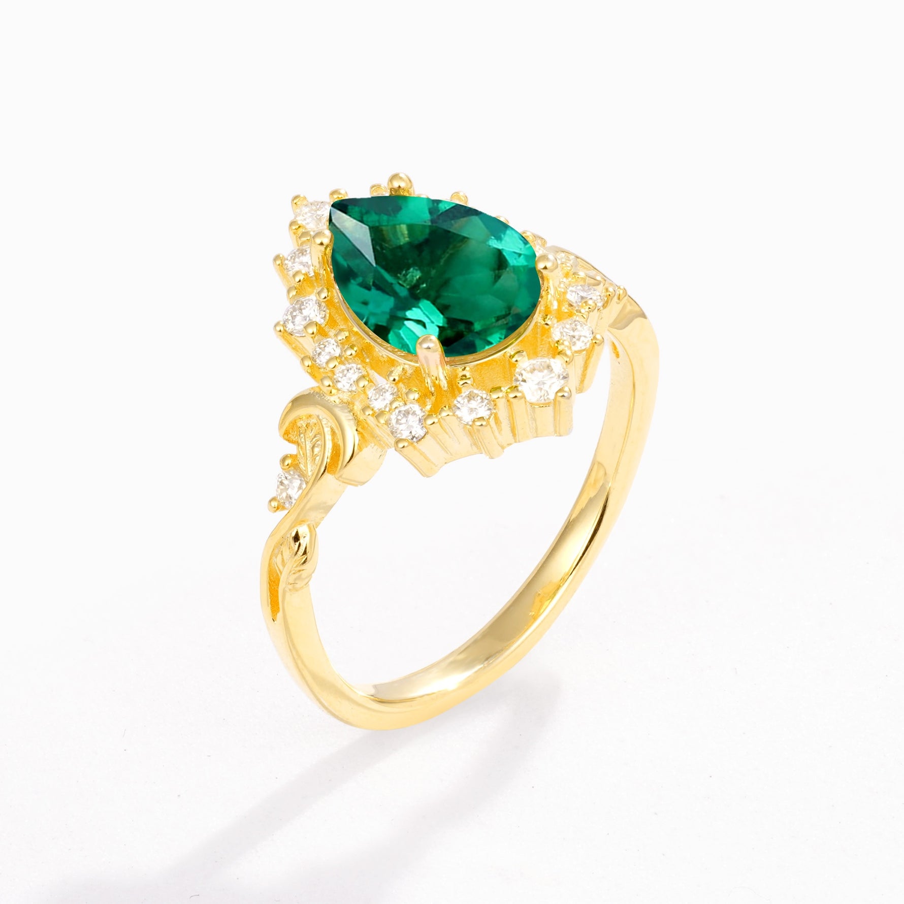 Vintage Pear Cut Halo Ornate Scroll Emerald Engagement Ring - Additional view
