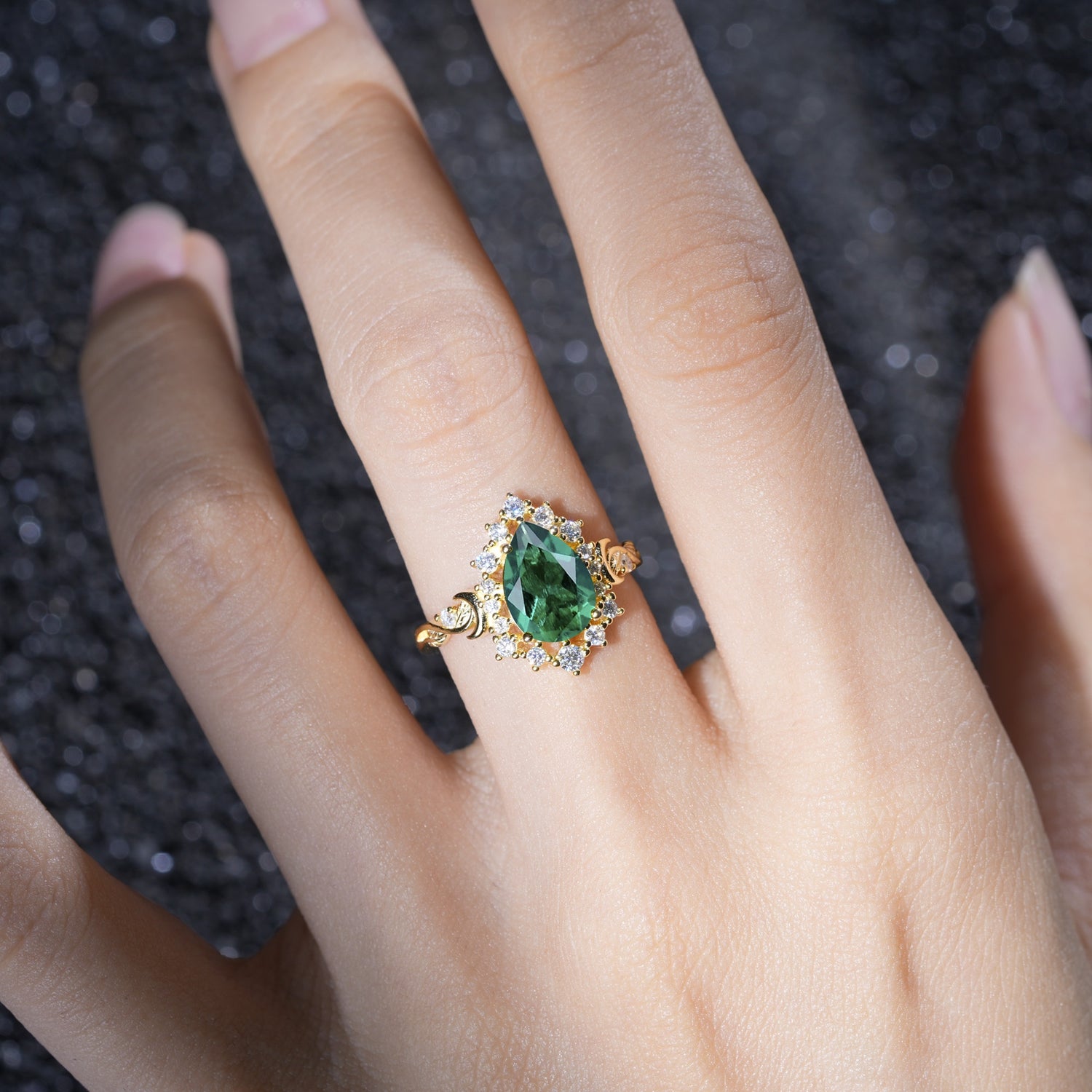 Vintage Pear Cut Halo Ornate Scroll Emerald Engagement Ring - Additional view