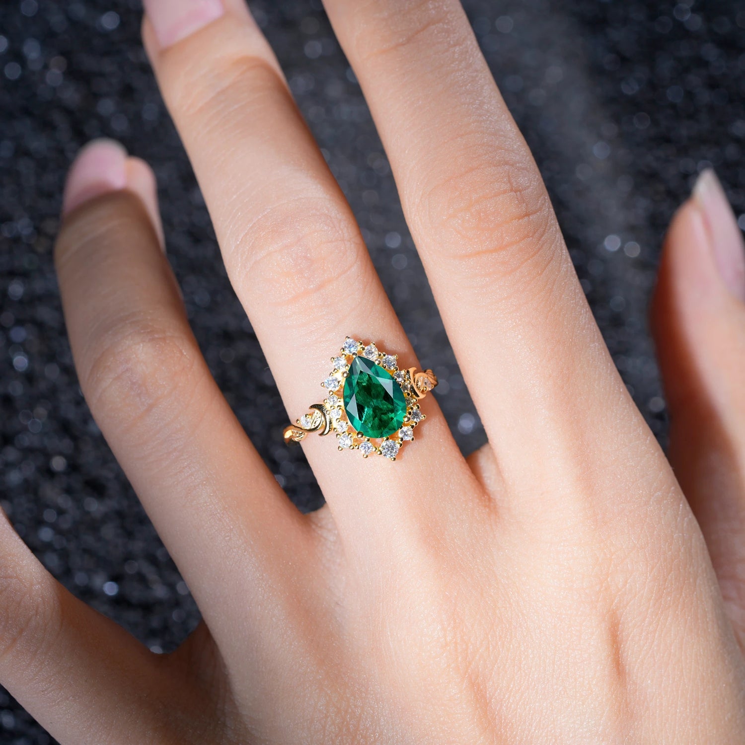 Vintage Pear Cut Halo Ornate Scroll Emerald Engagement Ring