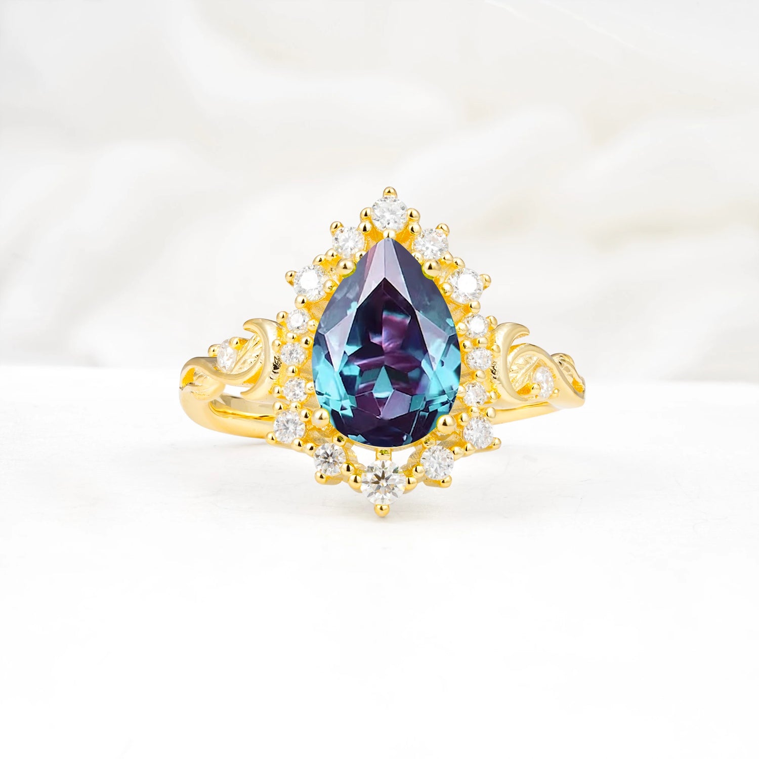Vintage Pear Cut Halo Ornate Scroll Alexandrite Engagement Ring