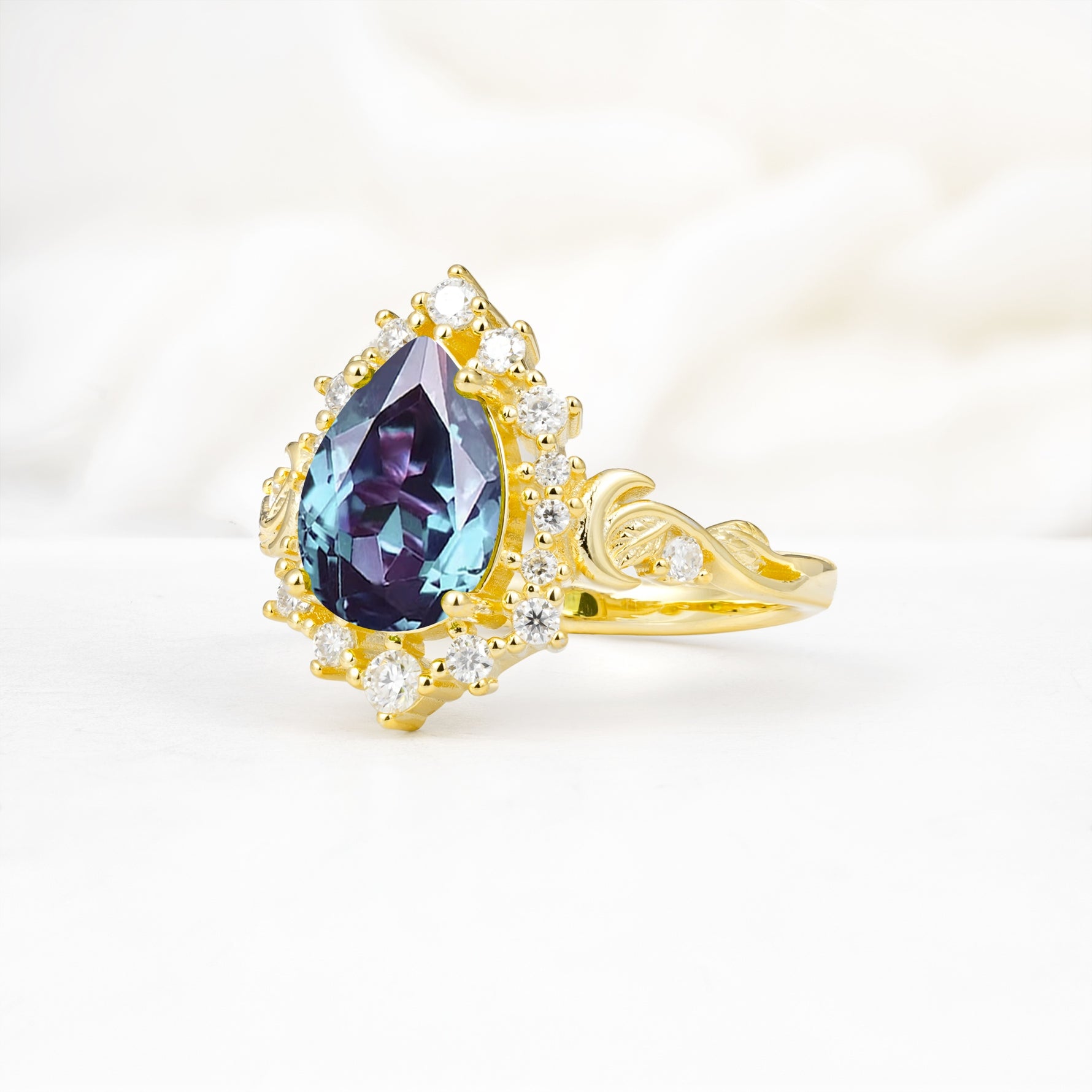 Vintage Pear Cut Halo Ornate Scroll Alexandrite Engagement Ring - Additional view