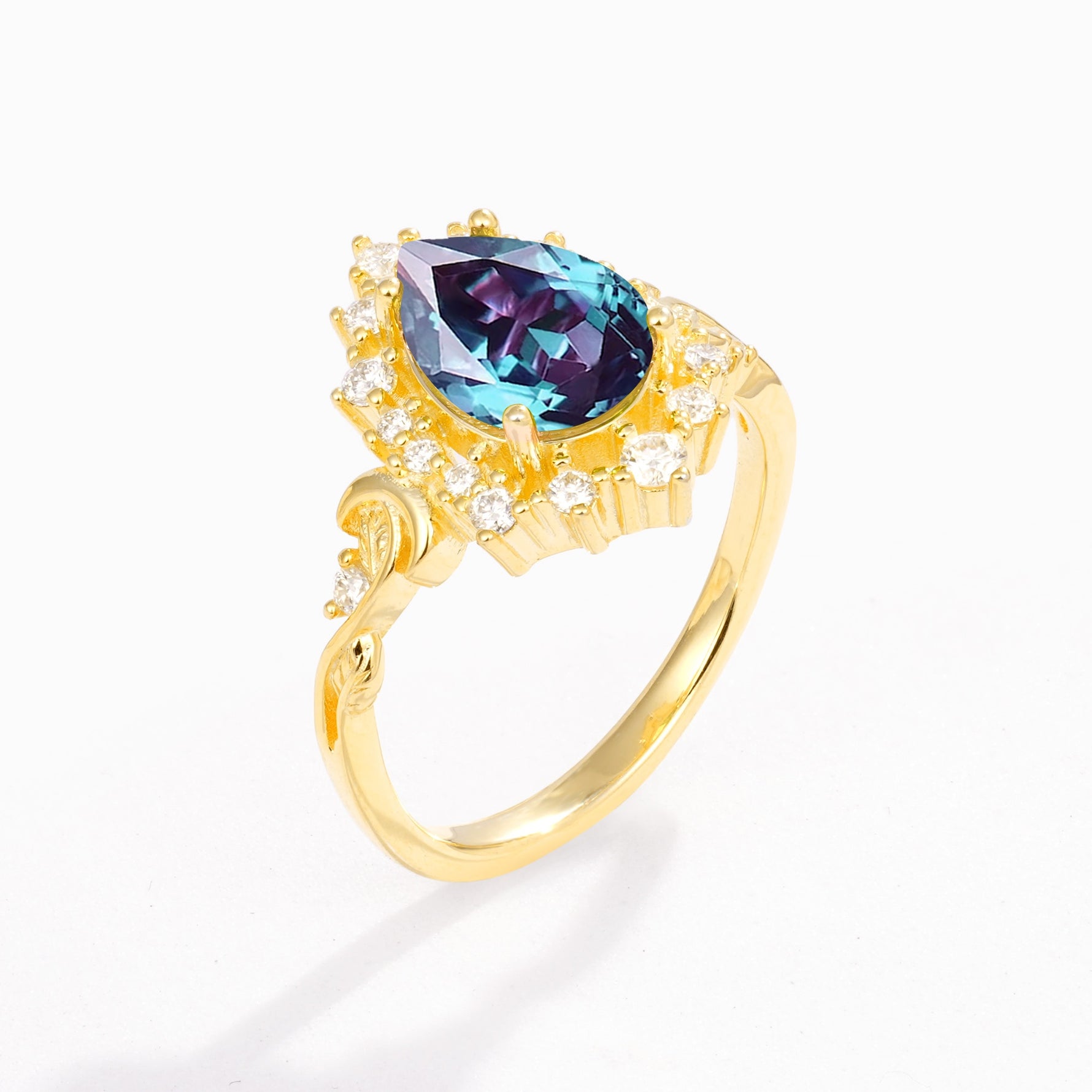 Vintage Pear Cut Halo Ornate Scroll Alexandrite Engagement Ring - Additional view