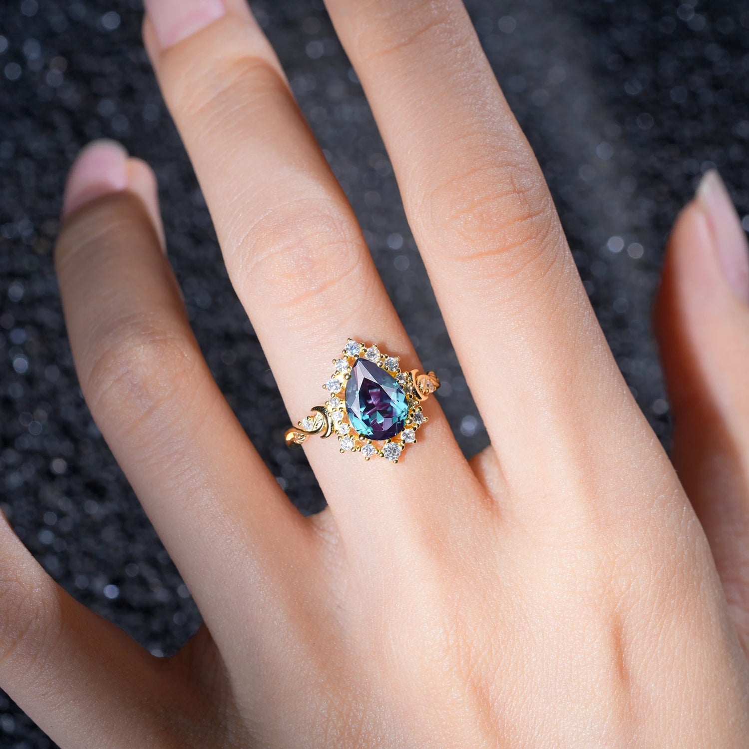Vintage Pear Cut Halo Ornate Scroll Alexandrite Engagement Ring