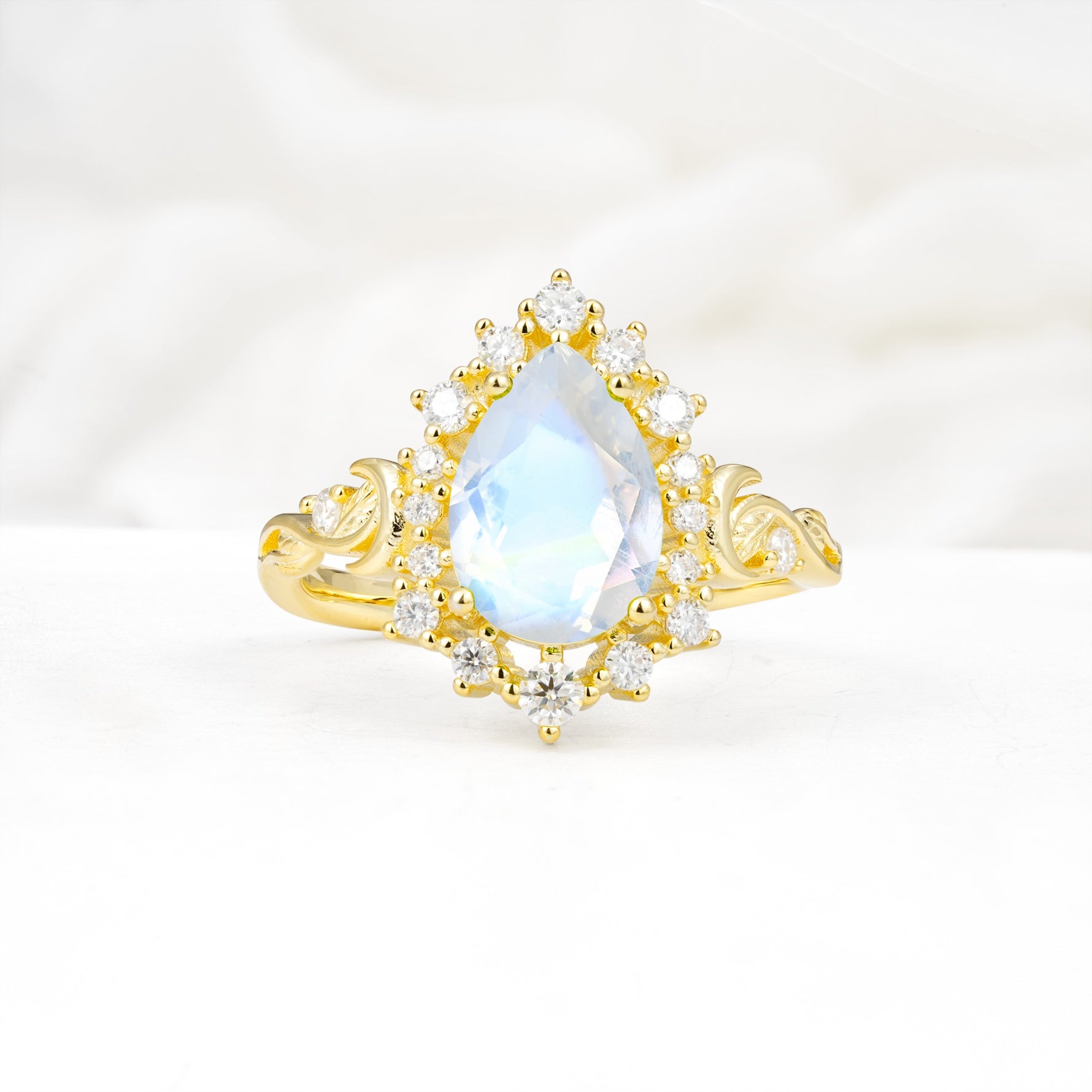 Vintage Pear Cut Halo Ornate Scroll Moonstone Engagement Ring - Additional view