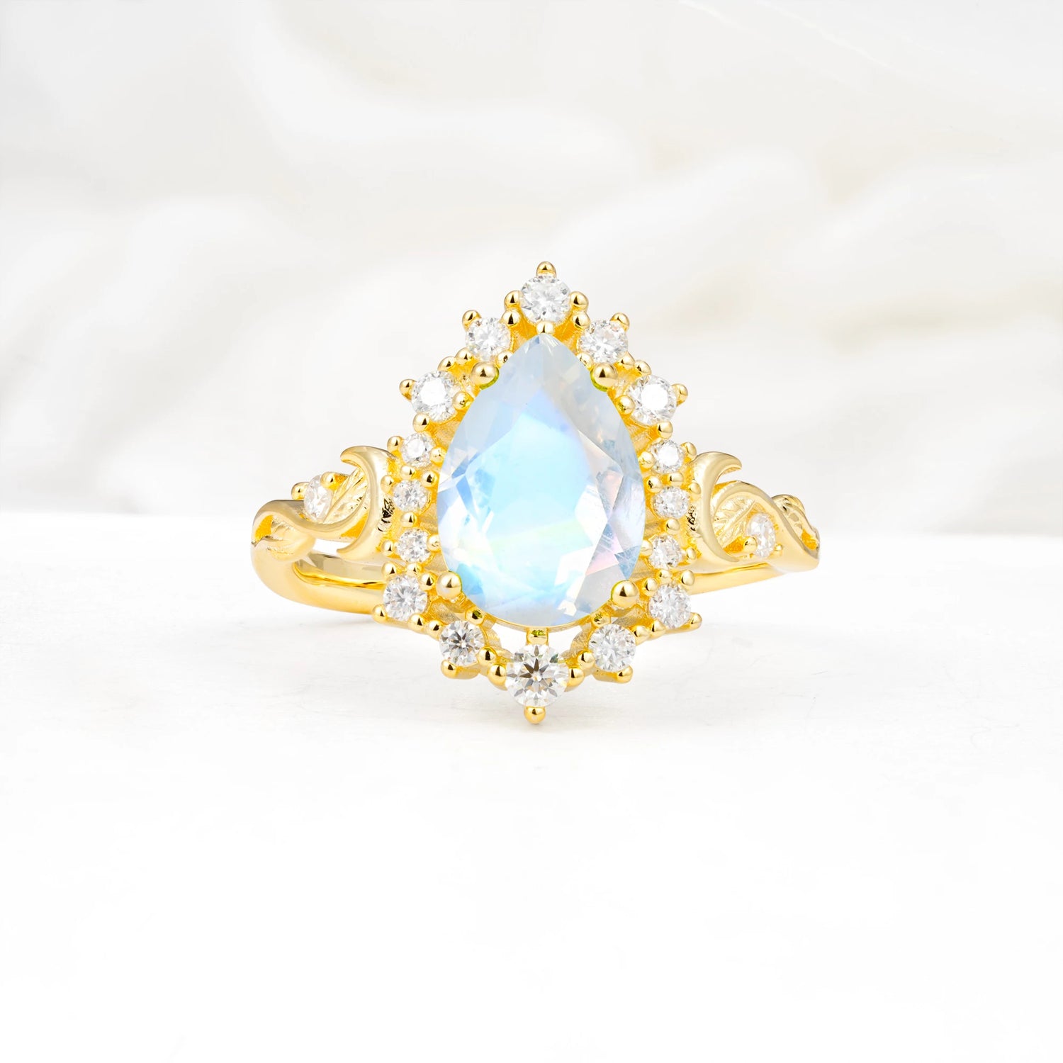 Vintage Pear Cut Halo Ornate Scroll Moonstone Engagement Ring