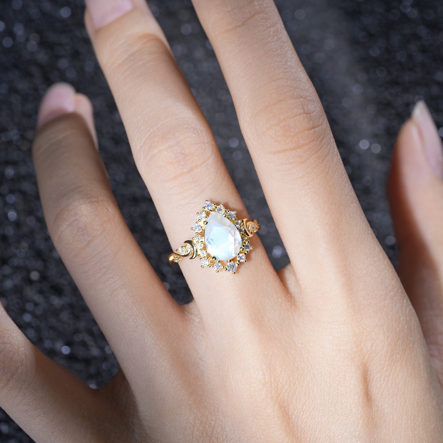 Vintage Pear Cut Halo Ornate Scroll Moonstone Engagement Ring - Additional view
