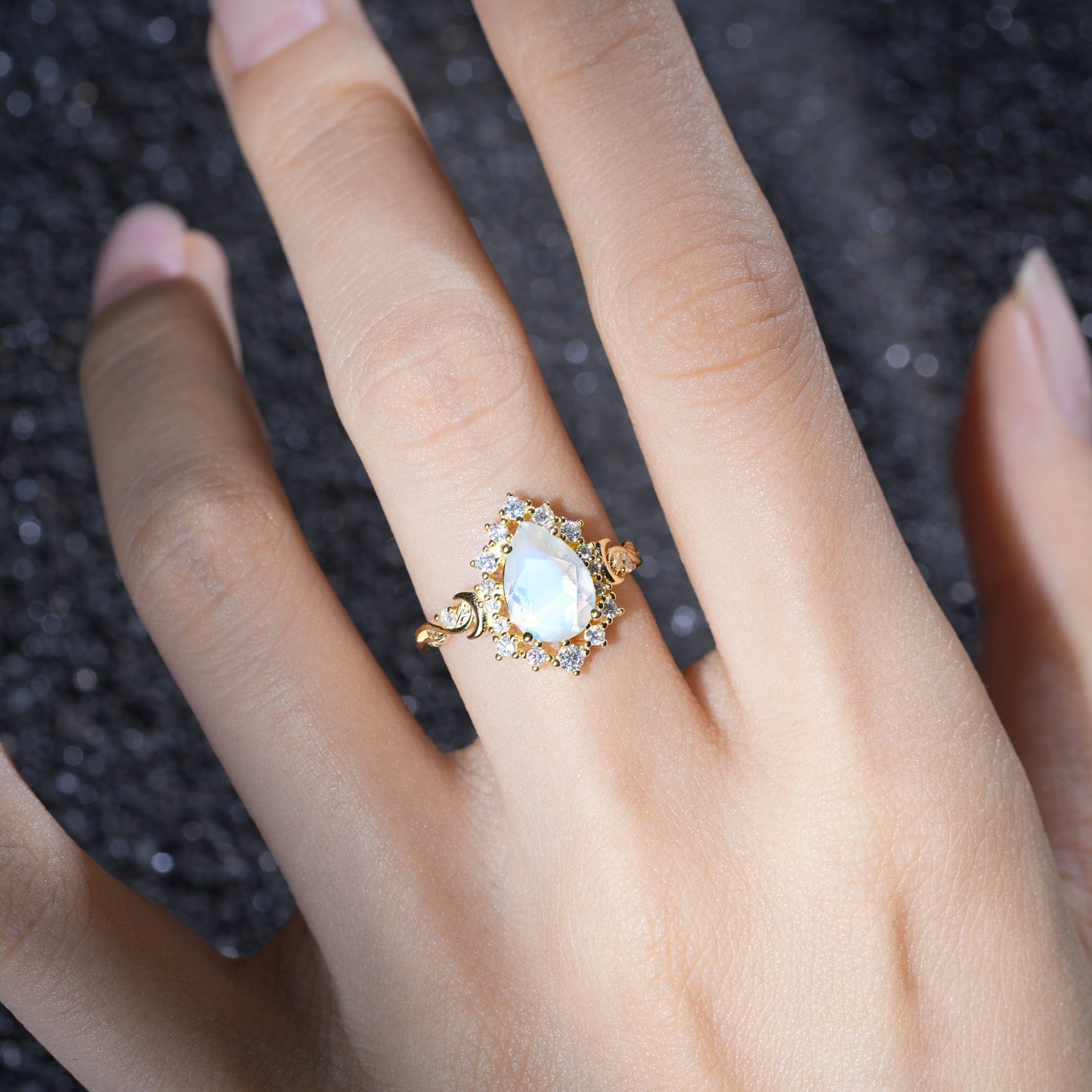 Vintage Pear Cut Halo Ornate Scroll Moonstone Engagement Ring - Additional view