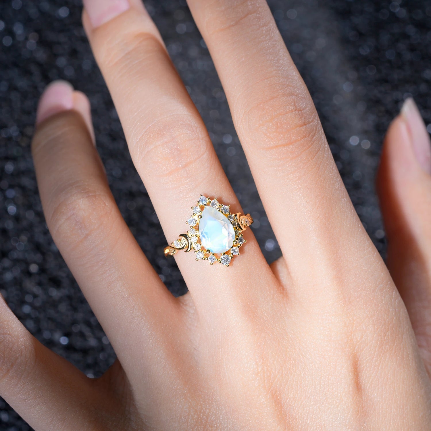 Vintage Pear Cut Halo Ornate Scroll Moonstone Engagement Ring