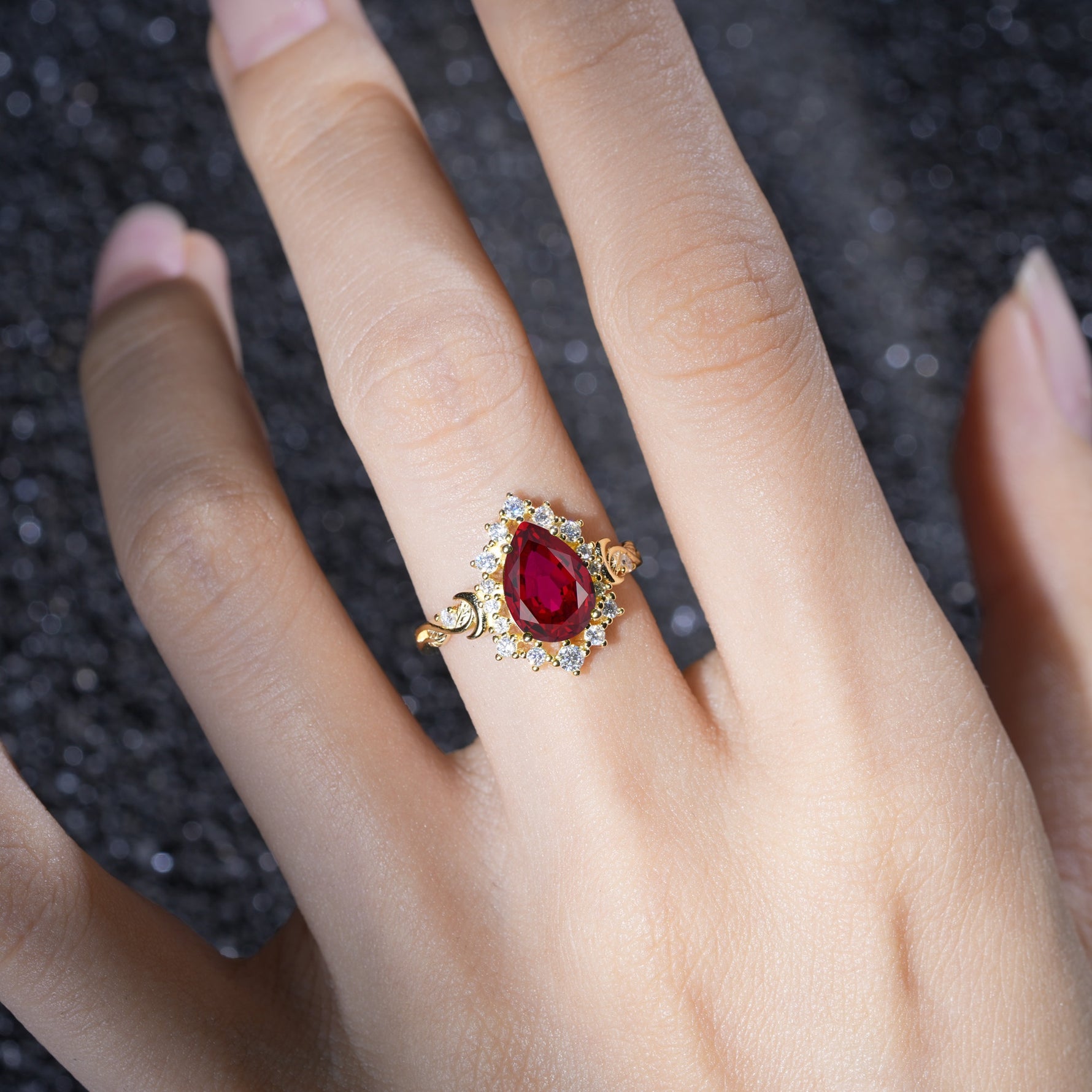 Vintage Pear Cut Halo Ornate Scroll Ruby Engagement Ring - Additional view