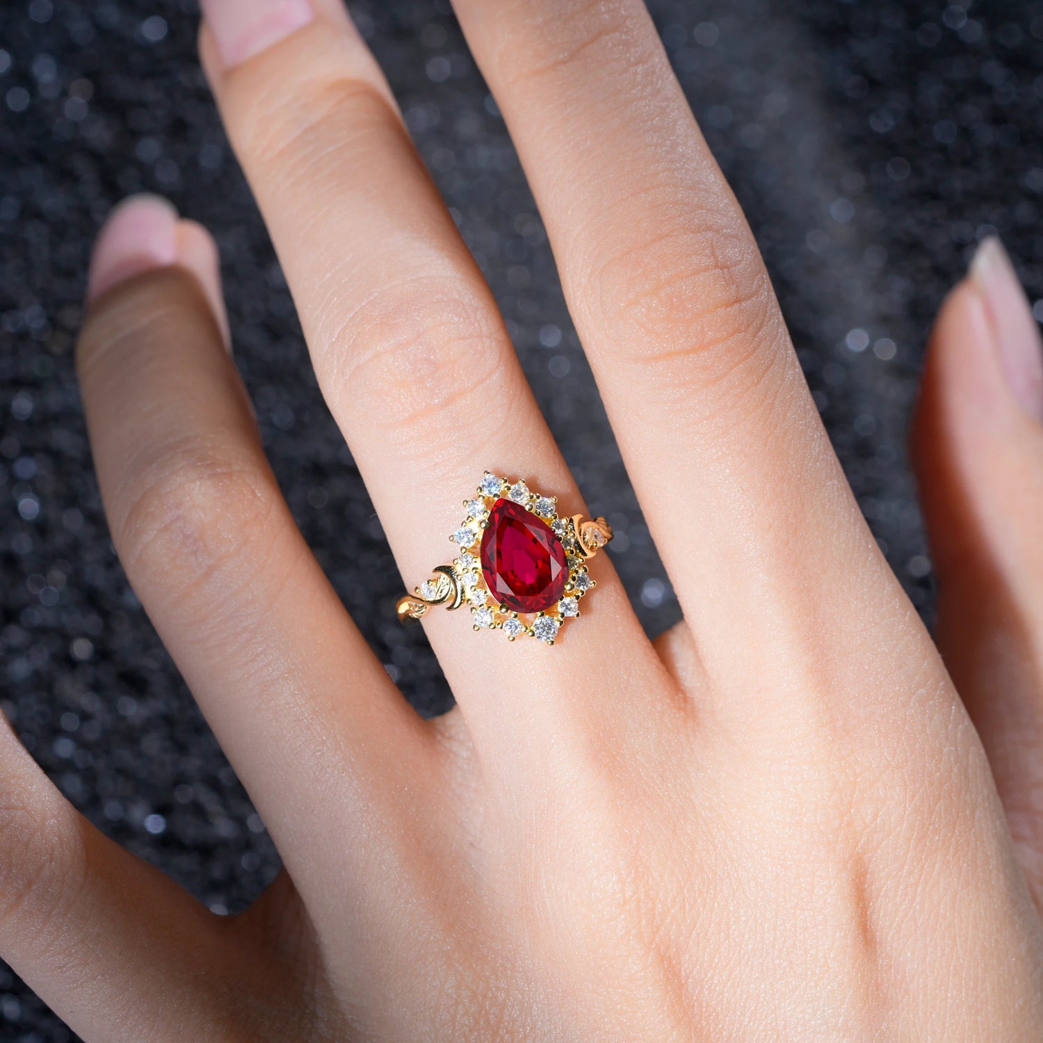 Vintage Pear Cut Halo Ornate Scroll Ruby Engagement Ring