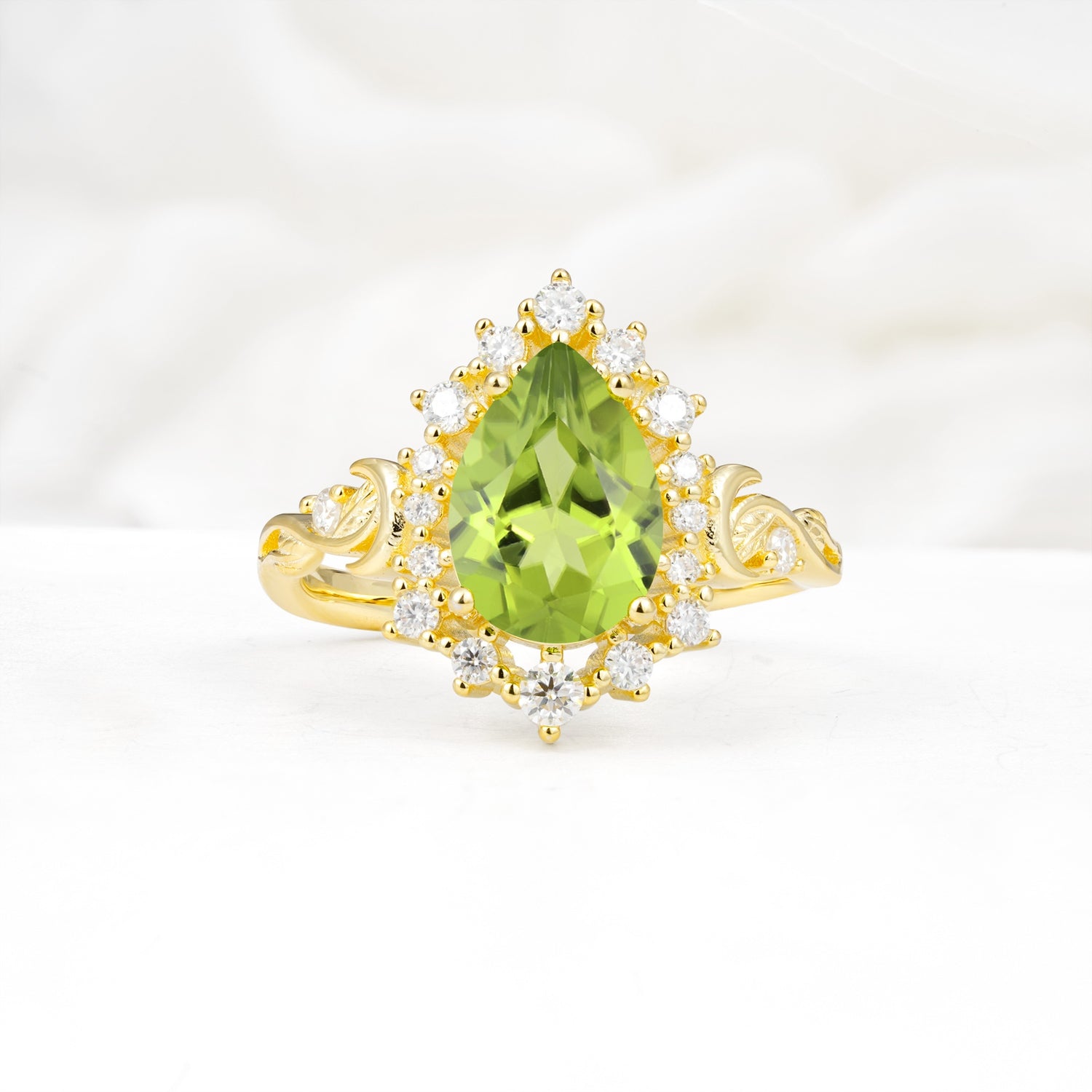 Vintage Pear Cut Halo Ornate Scroll Peridot Engagement Ring - Additional view