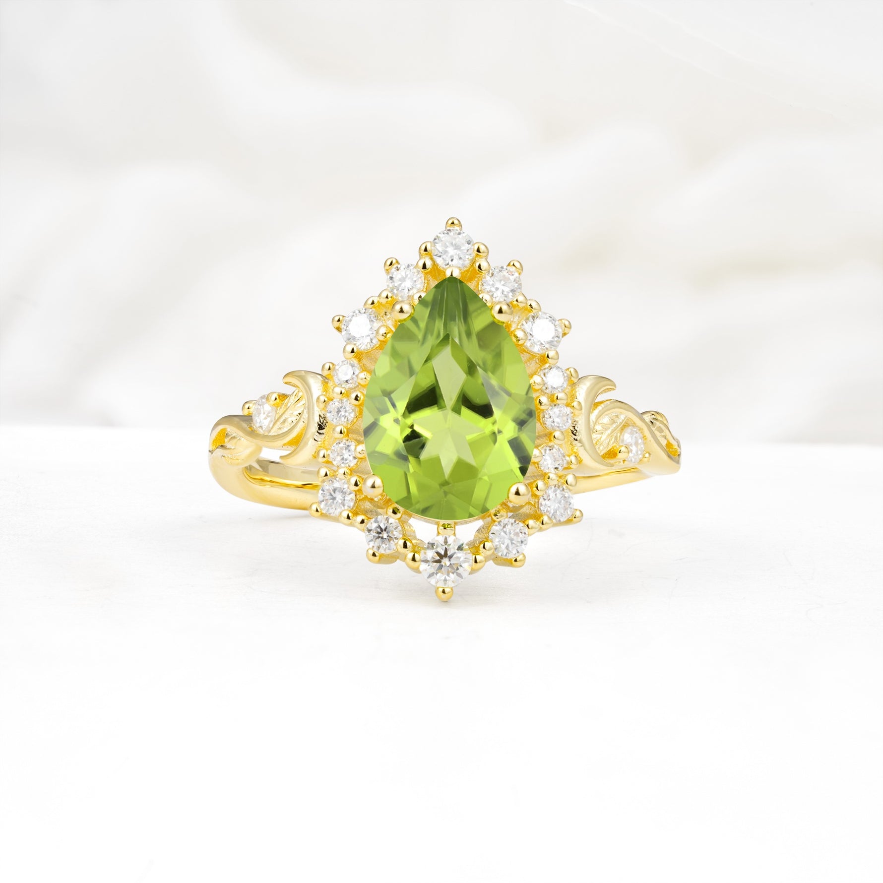 Vintage Pear Cut Halo Ornate Scroll Peridot Engagement Ring - Additional view