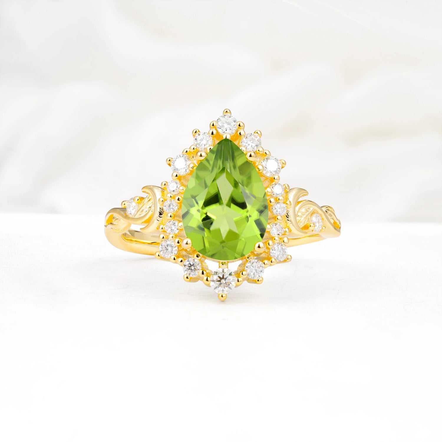 Vintage Pear Cut Halo Ornate Scroll Peridot Engagement Ring