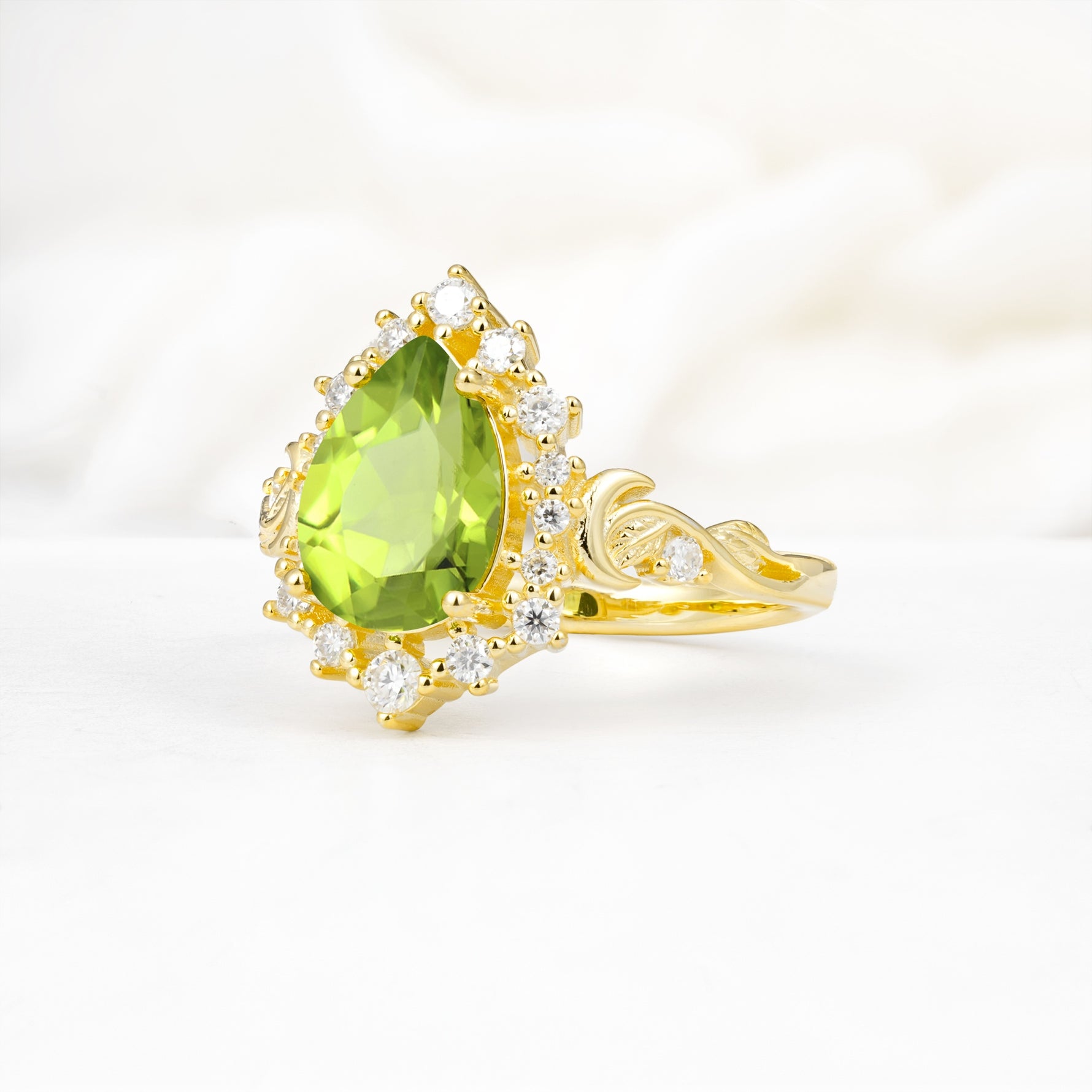 Vintage Pear Cut Halo Ornate Scroll Peridot Engagement Ring - Additional view