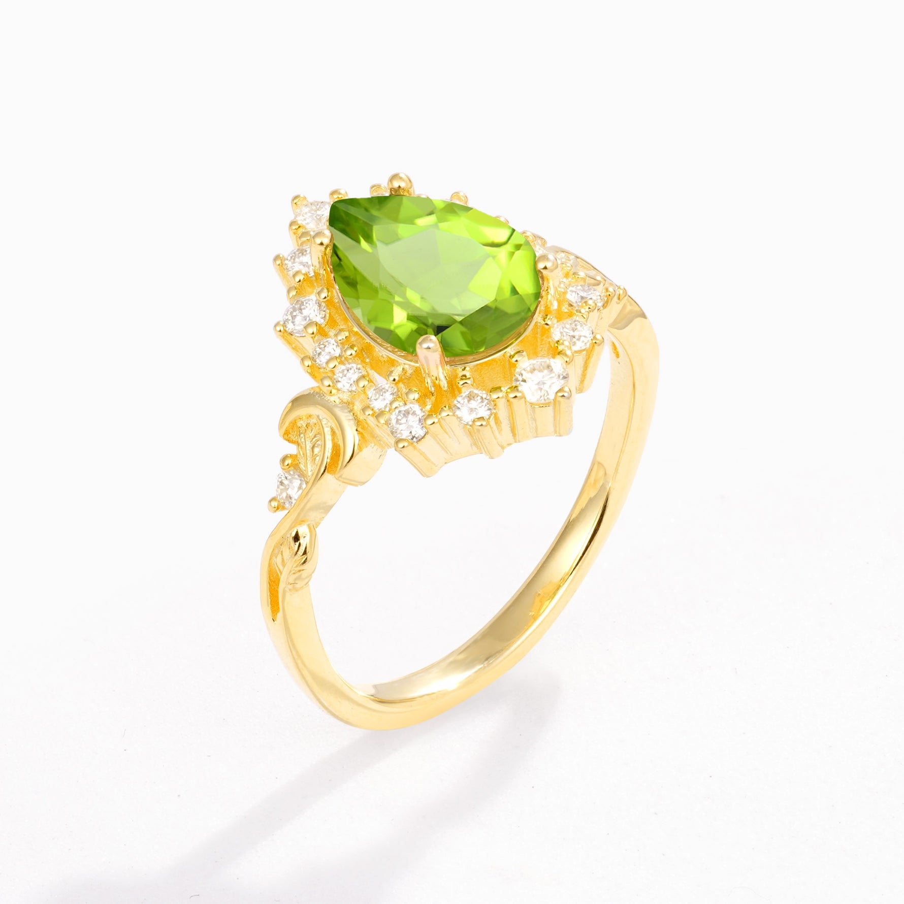 Vintage Pear Cut Halo Ornate Scroll Peridot Engagement Ring - Additional view