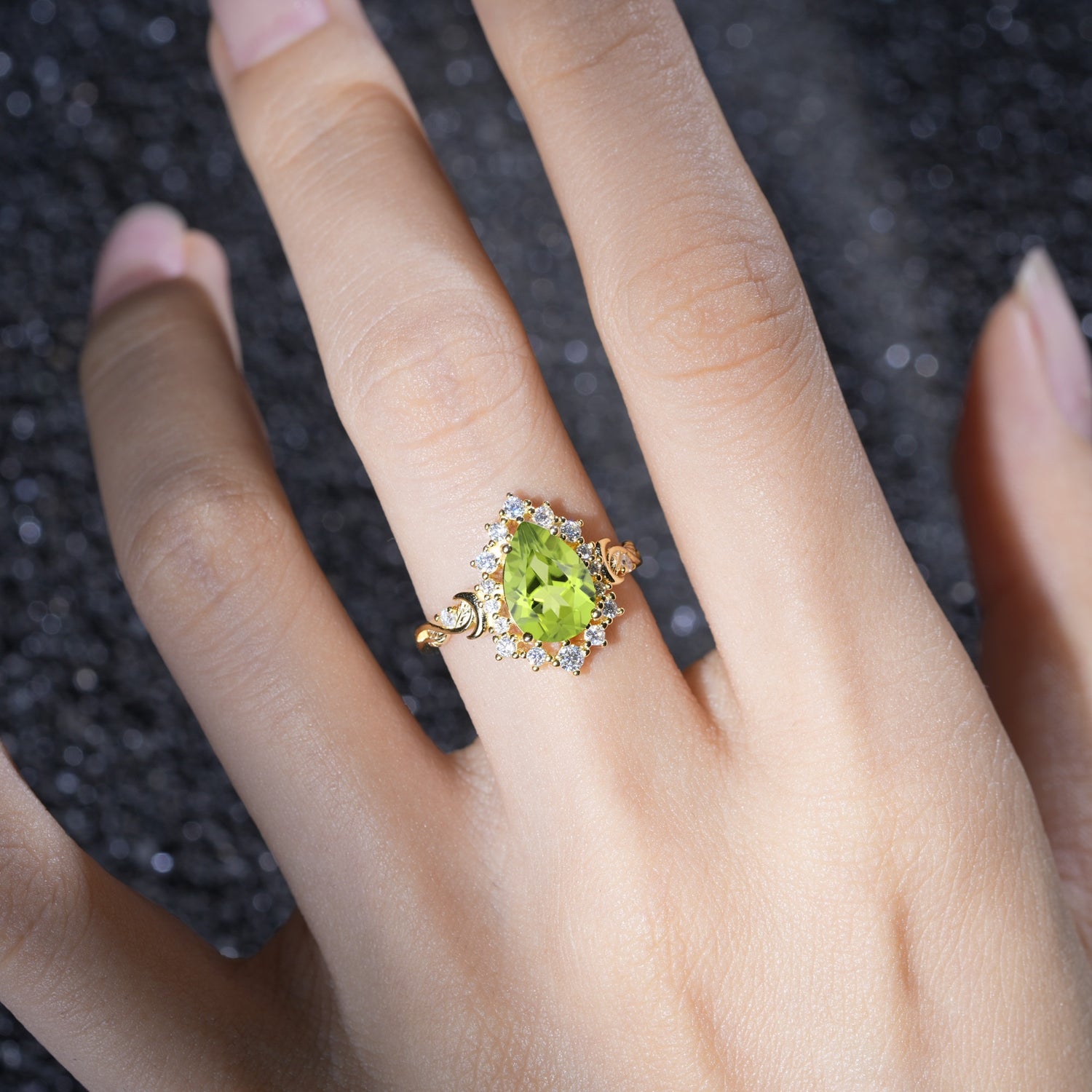 Vintage Pear Cut Halo Ornate Scroll Peridot Engagement Ring - Additional view
