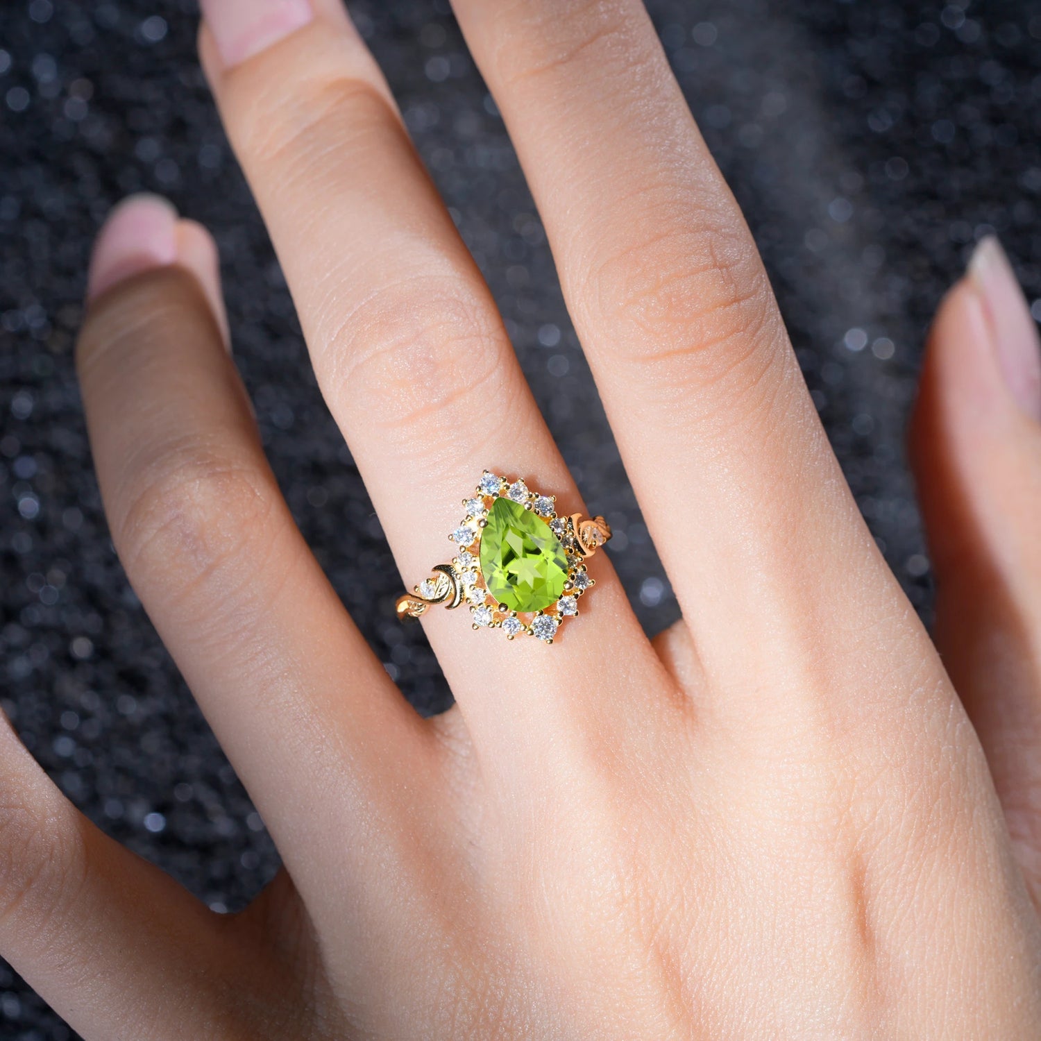 Vintage Pear Cut Halo Ornate Scroll Peridot Engagement Ring