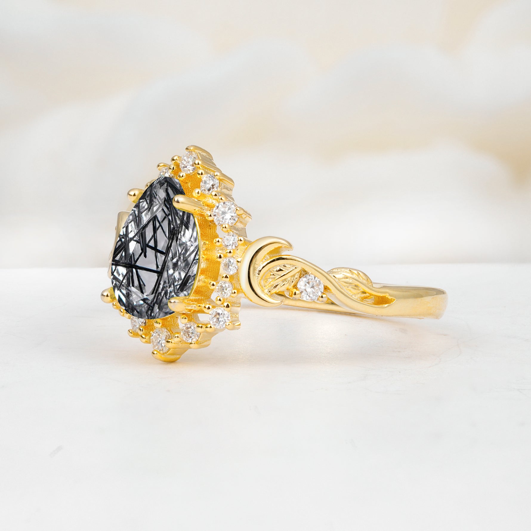 SR17590 Black Rutilated Quartz Ring - White-Gold