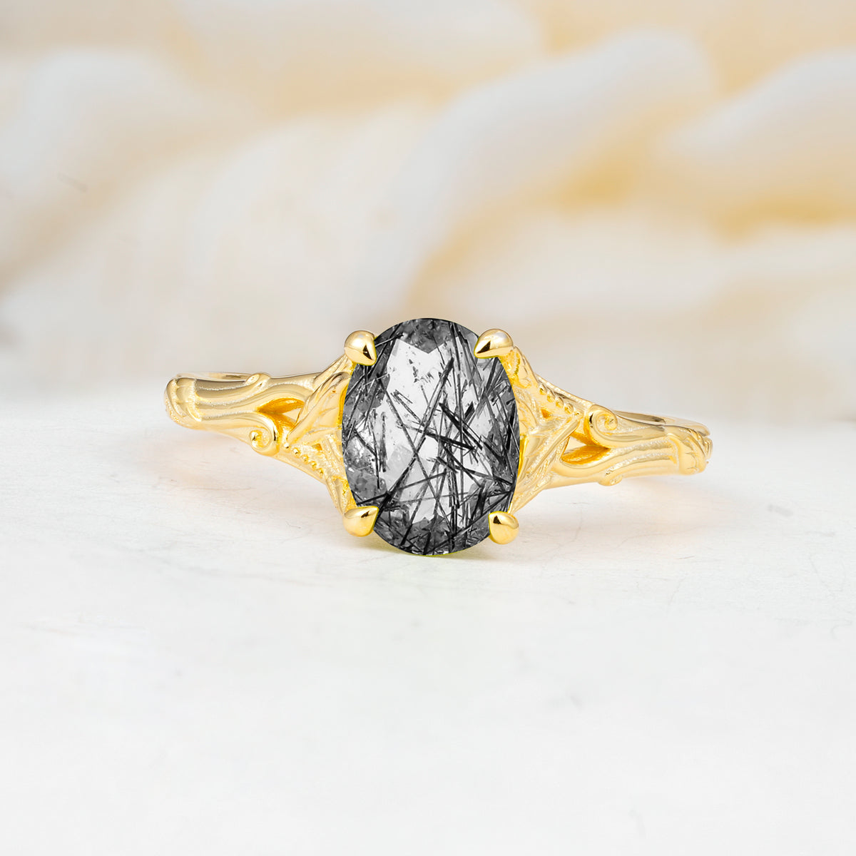 SR17592 Black Rutilated Quartz Ring - Yellow-Gold