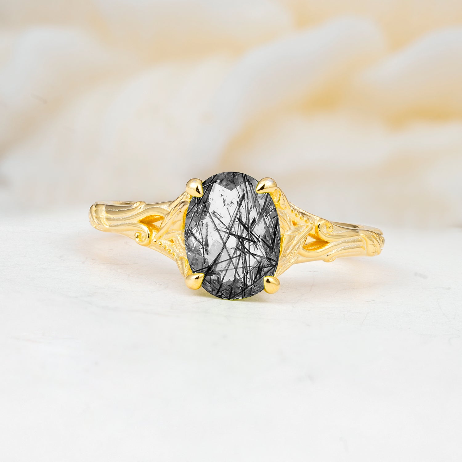SR17592 Black Rutilated Quartz Ring - Yellow-Gold
