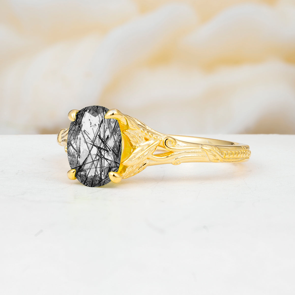 SR17592 Black Rutilated Quartz Ring - White-Gold