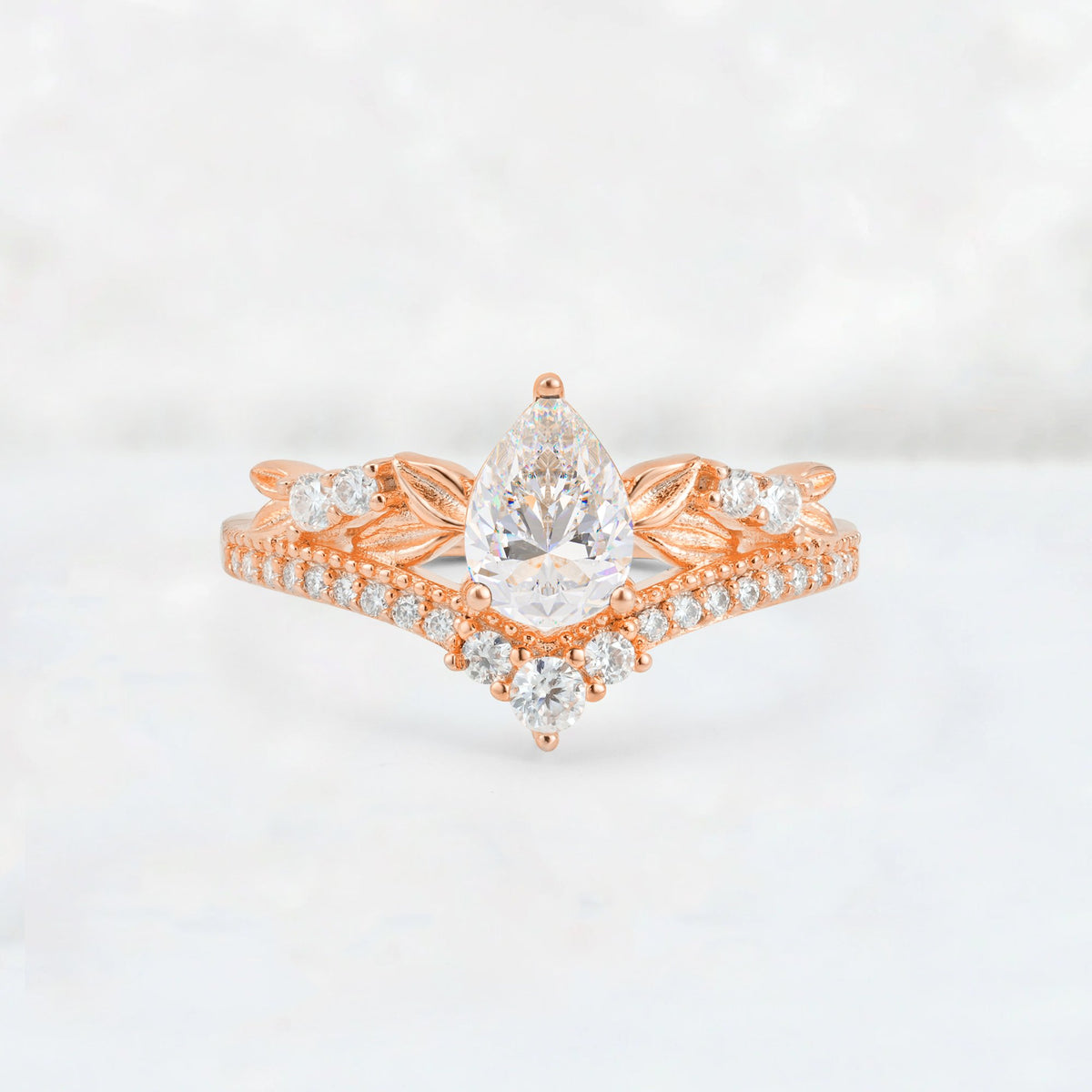 Pear Cut Moissanite Leaf Chevron Bridal Ring Set - Additional view