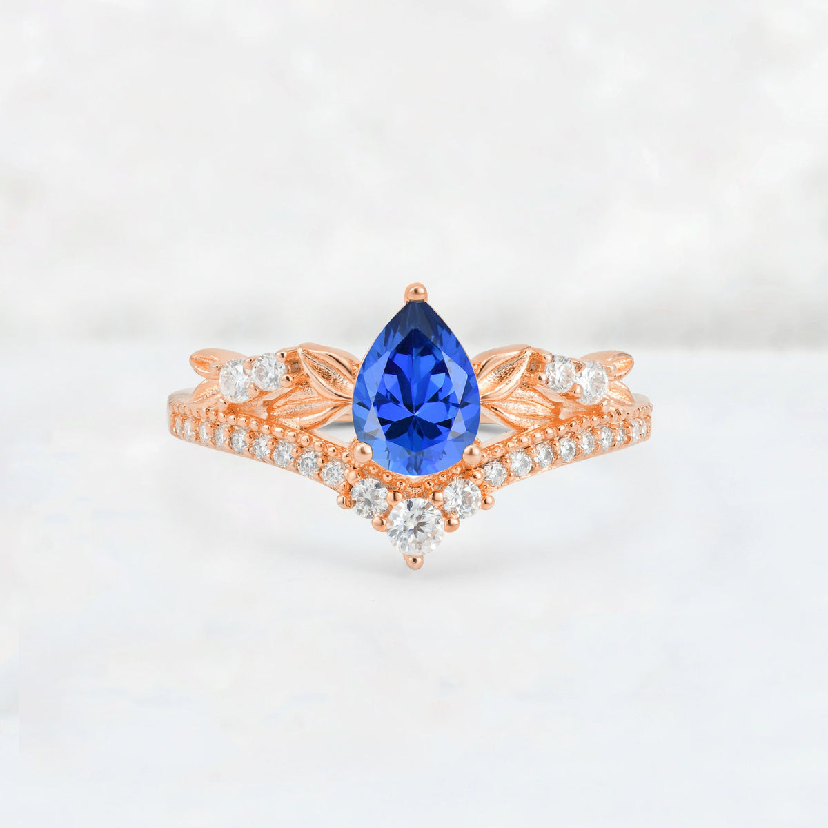Pear Cut Sapphire Leaf Chevron Bridal Ring Set - Additional view