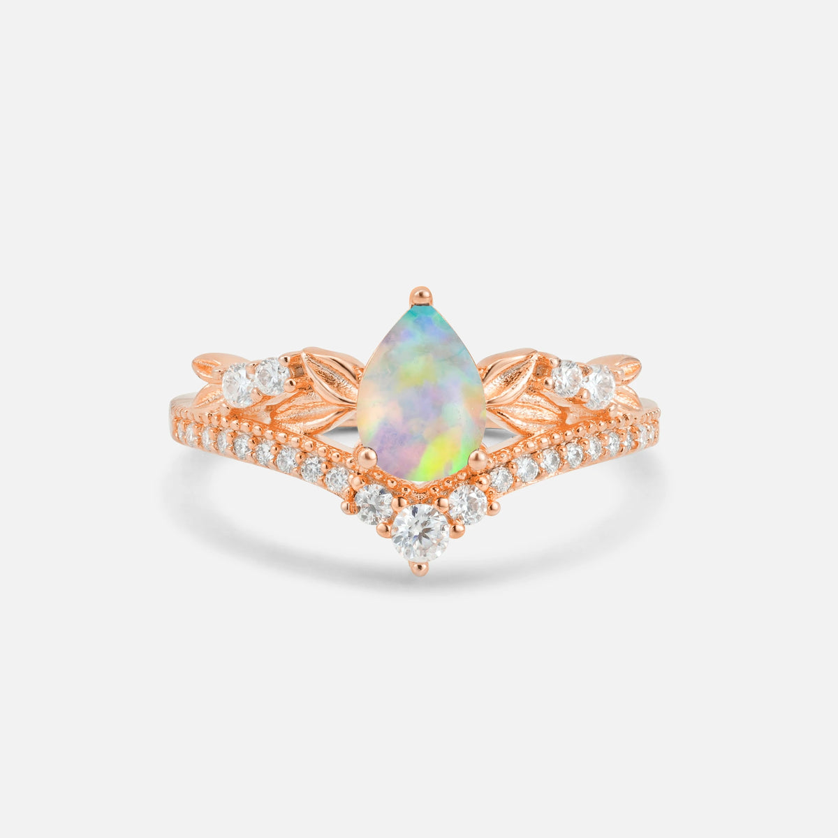 Pear Cut Fire Opal Leaf Chevron Bridal Ring Set - Additional view