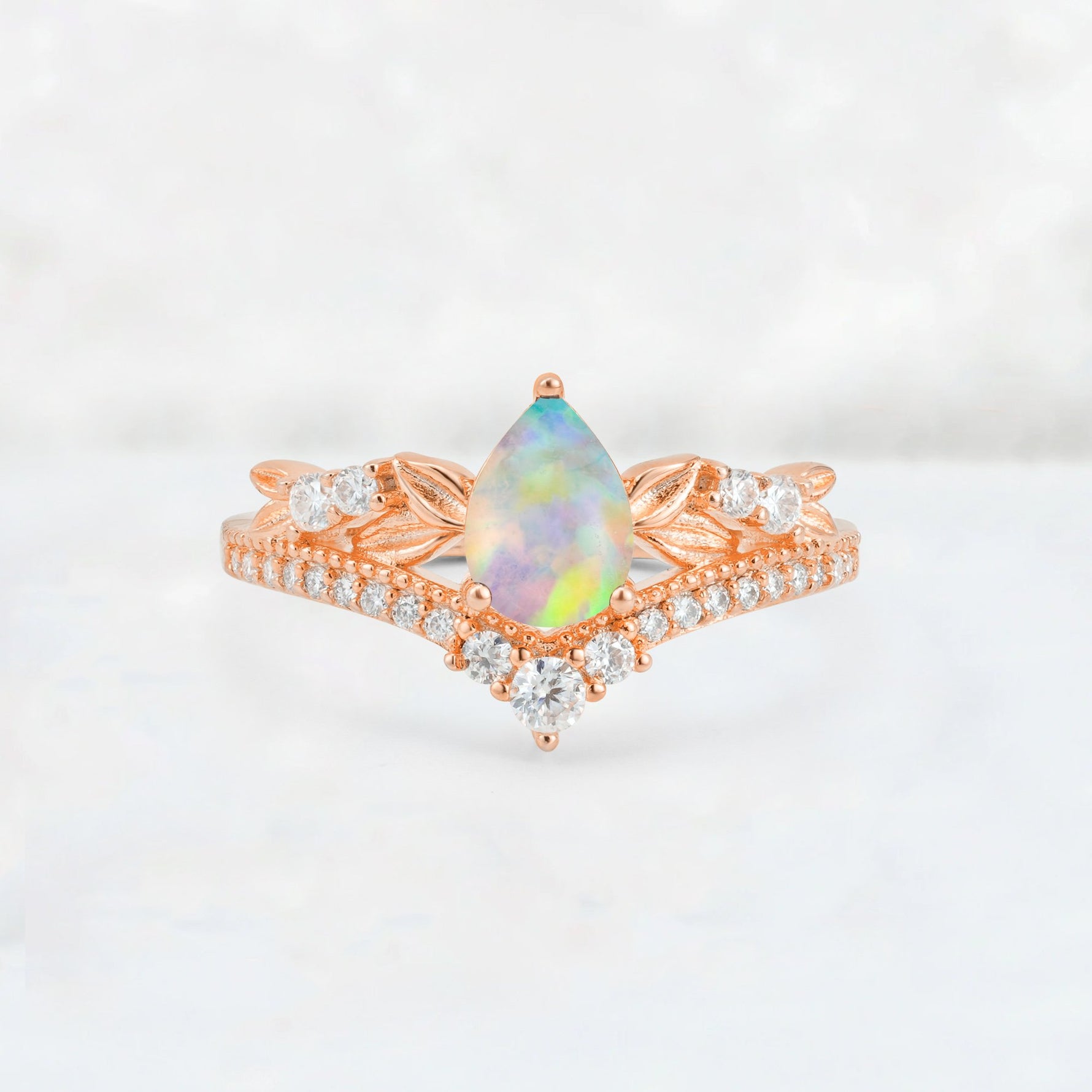 Pear Cut Fire Opal Leaf Chevron Bridal Ring Set - Additional view