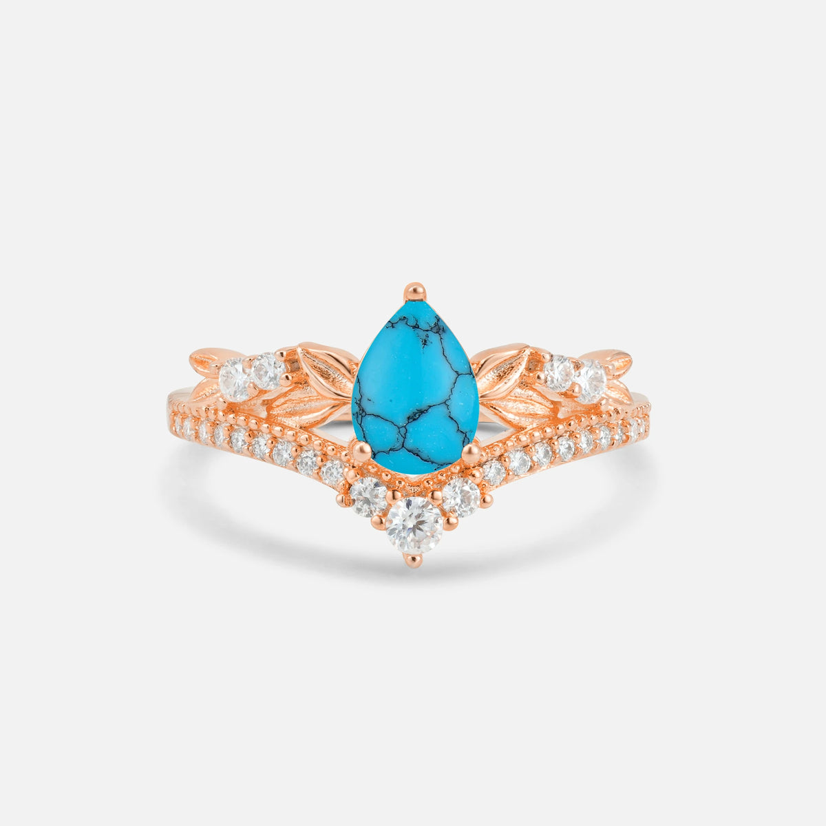 Pear Cut Turquoise Leaf Chevron Bridal Ring Set - Additional view