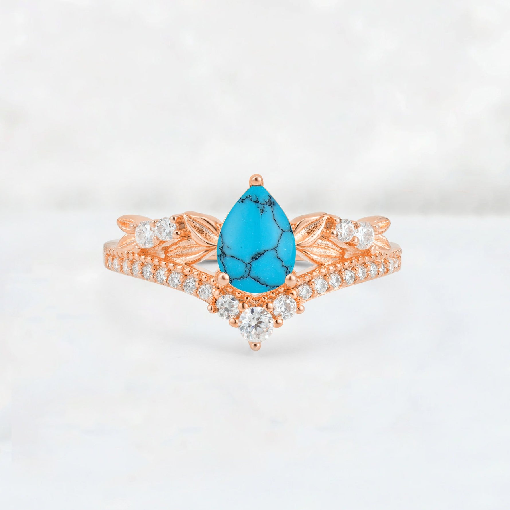 Pear Cut Turquoise Leaf Chevron Bridal Ring Set - Additional view