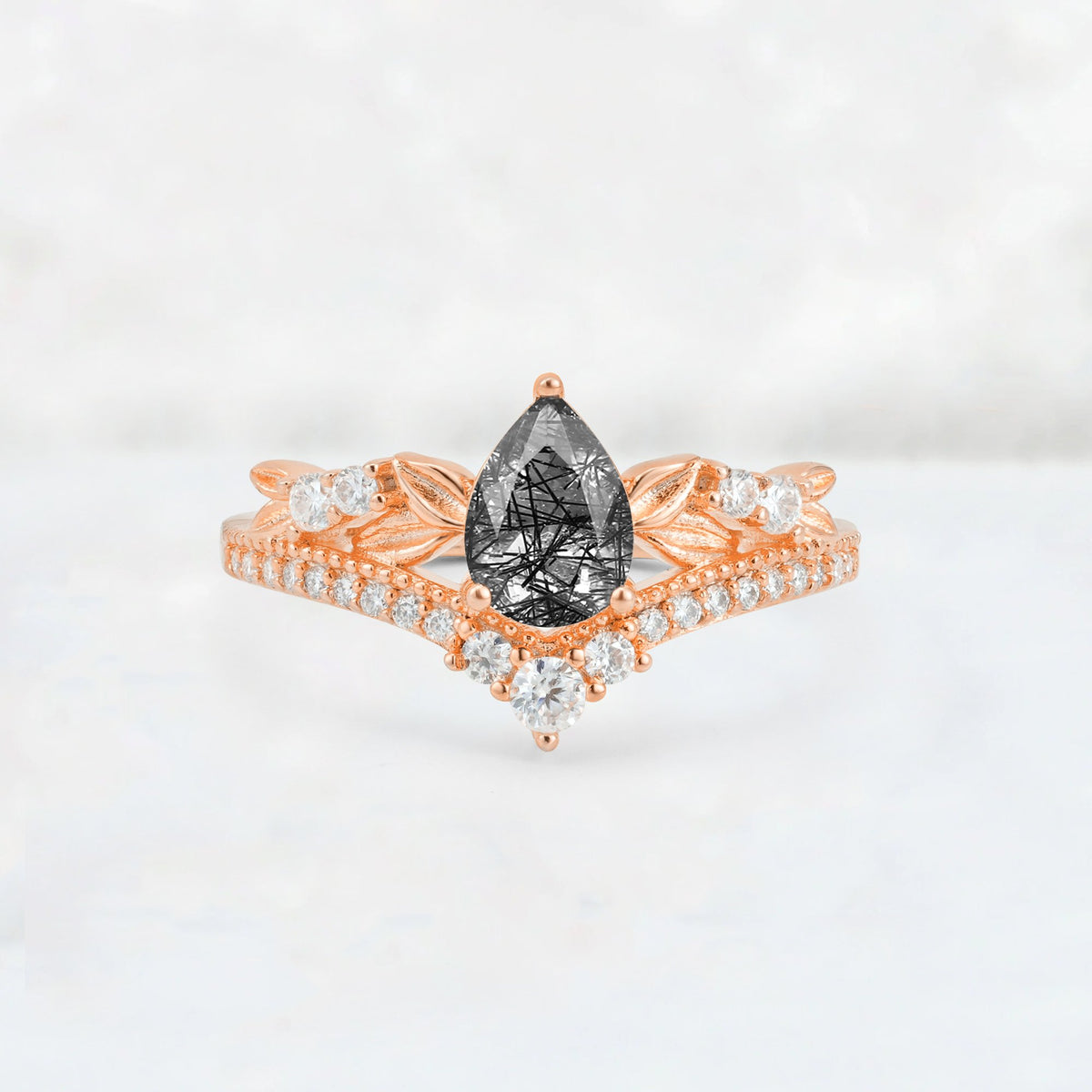 Pear Cut Black Rutilated Quartz Leaf Chevron Bridal Ring Set - Additional view