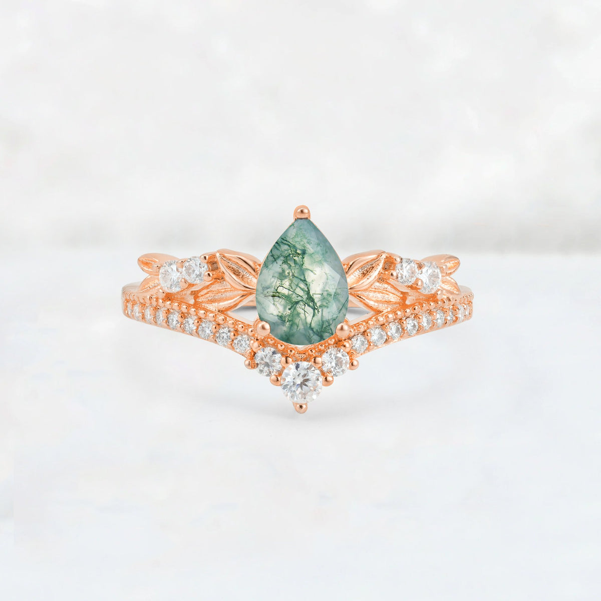 Pear Cut Moss Agate Leaf Chevron Bridal Ring Set - Additional view