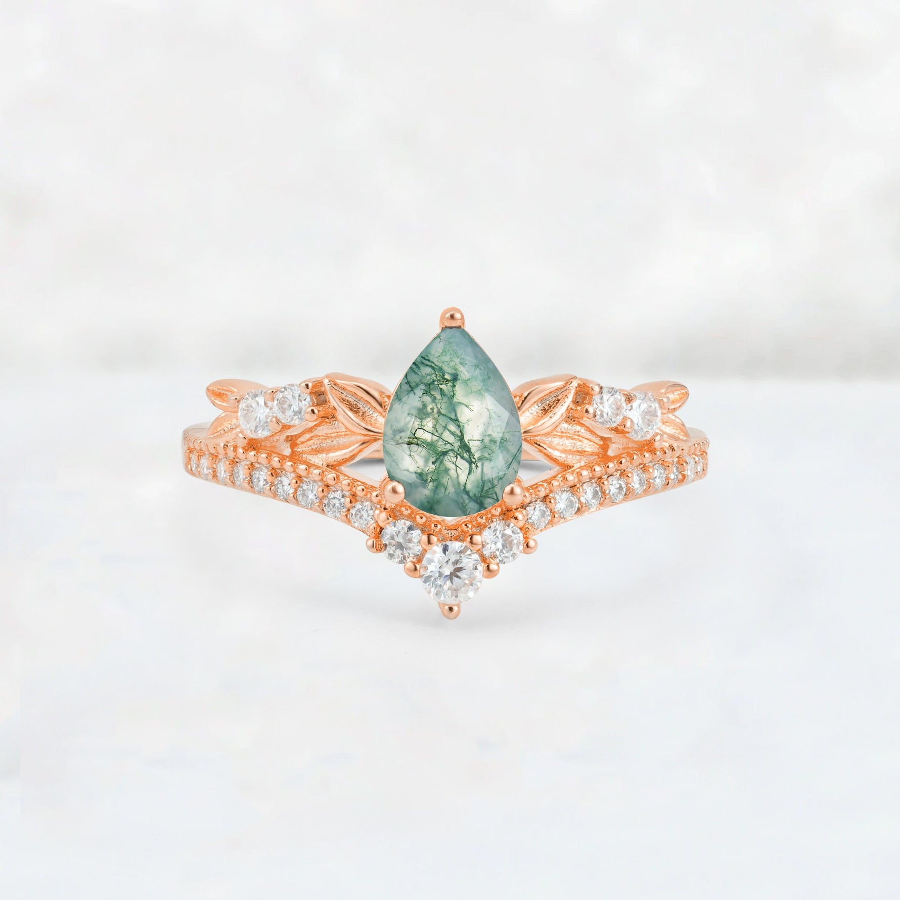 Pear Cut Moss Agate Leaf Chevron Bridal Ring Set - Additional view