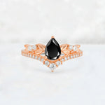 Pear Cut Black Onyx Leaf Chevron Bridal Ring Set - Additional view