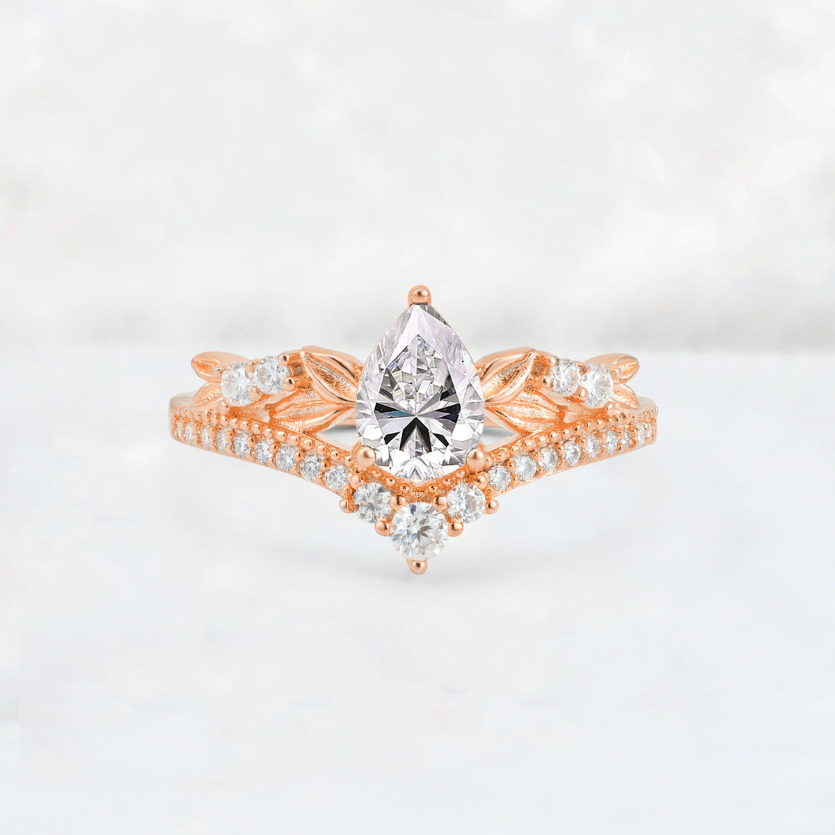 Pear Cut Lab Diamond Leaf Chevron Bridal Ring Set - Additional view