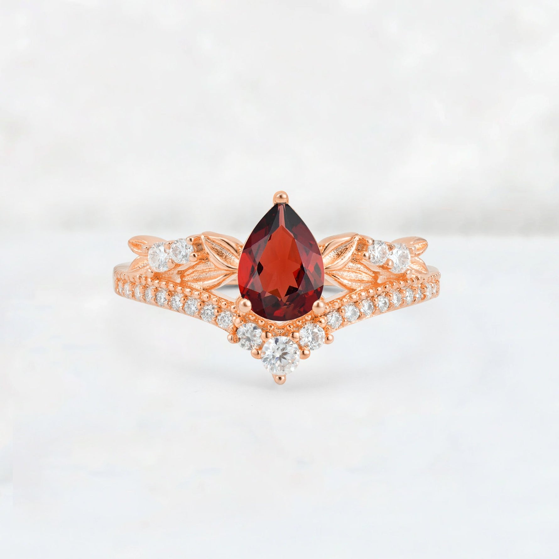 Pear Cut Garnet Leaf Chevron Bridal Ring Set - Additional view