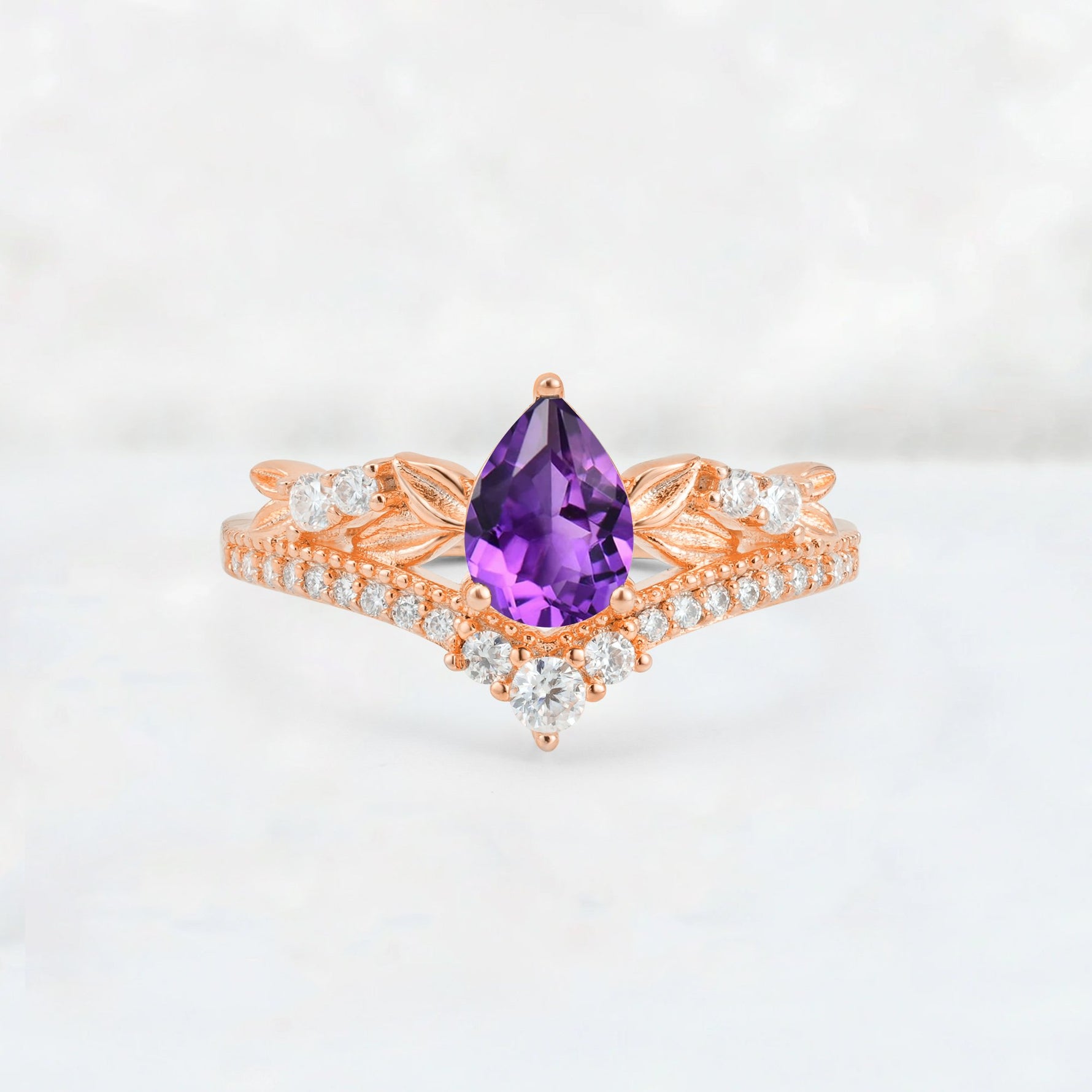 Pear Cut Amethyst Leaf Chevron Bridal Ring Set - Additional view