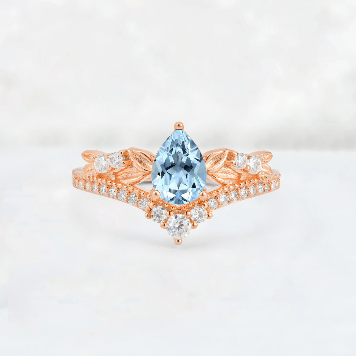 Pear Cut Aquamarine Leaf Chevron Bridal Ring Set - Additional view