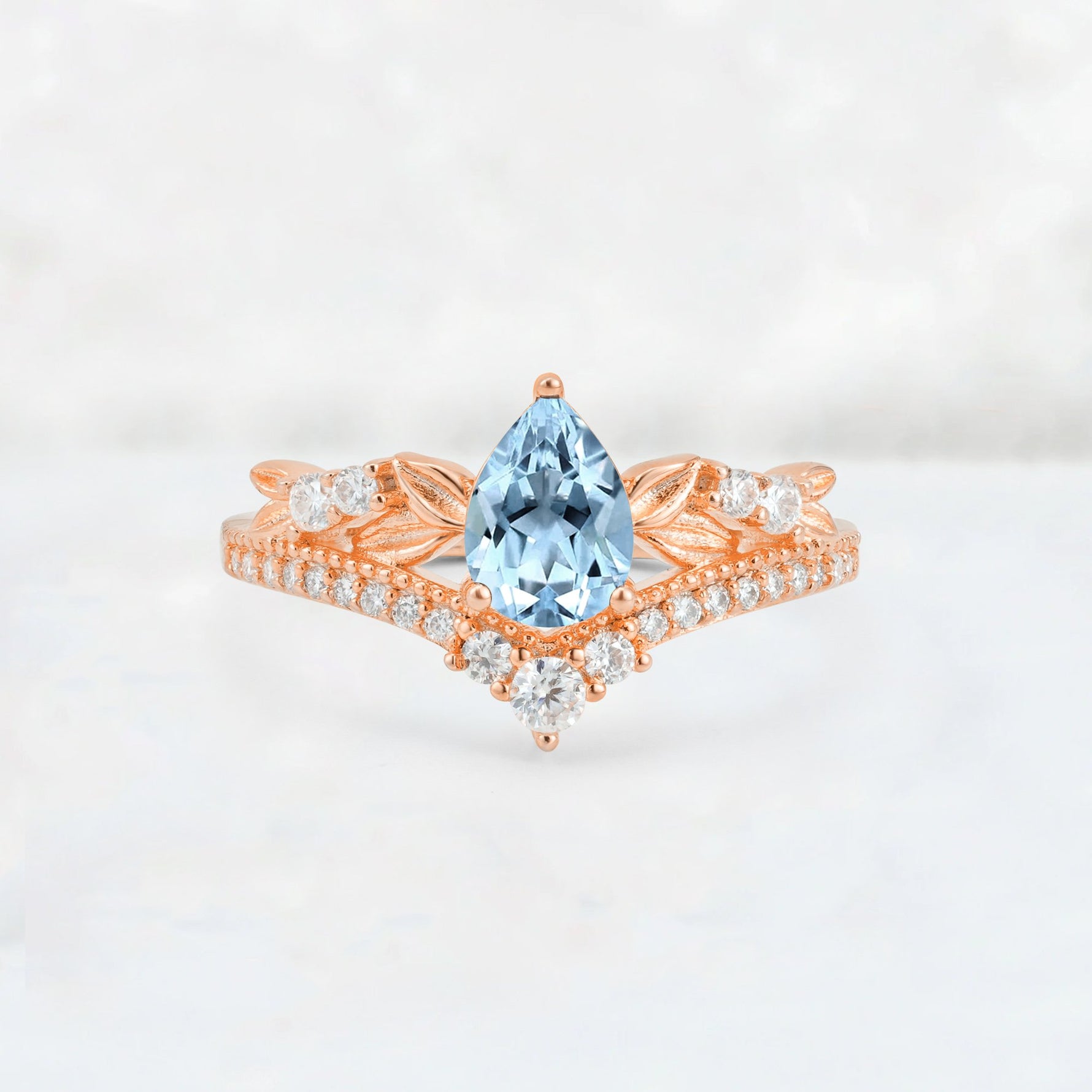 Pear Cut Aquamarine Leaf Chevron Bridal Ring Set - Additional view