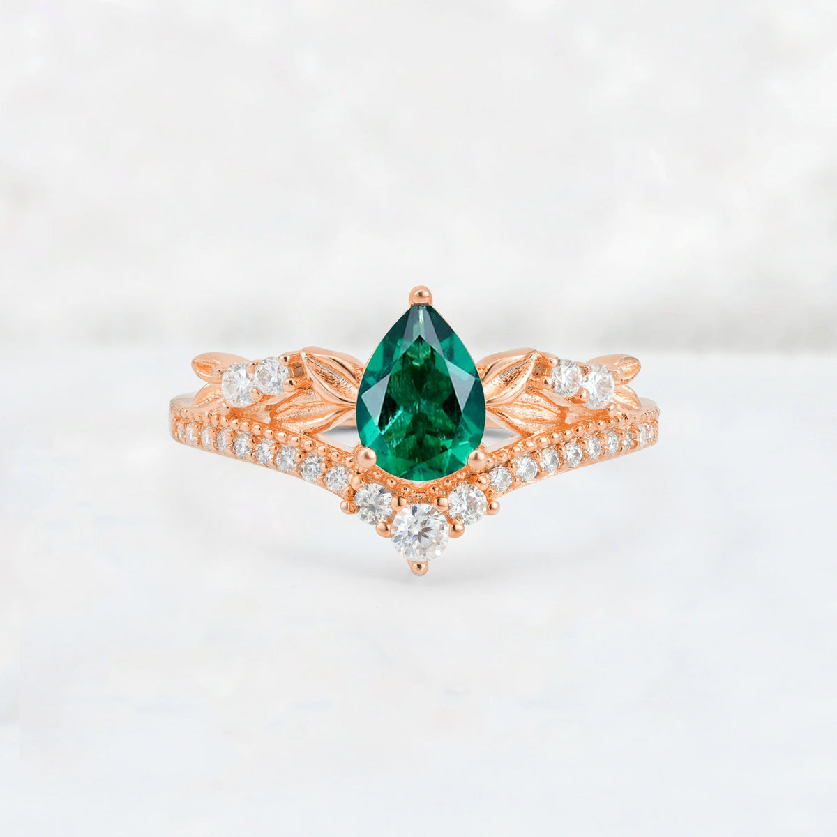 Pear Cut Emerald Leaf Chevron Bridal Ring Set - Additional view