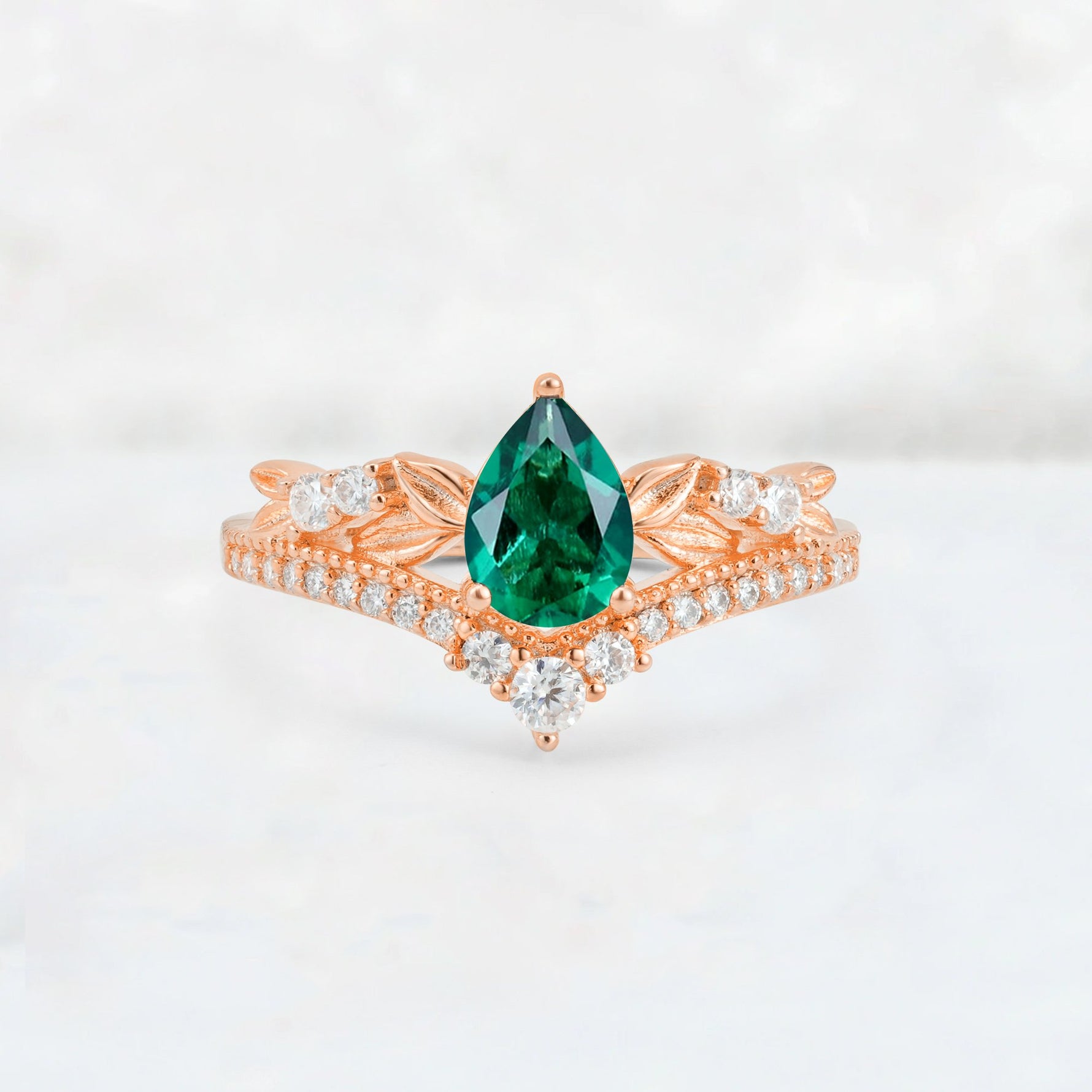 Pear Cut Emerald Leaf Chevron Bridal Ring Set - Additional view
