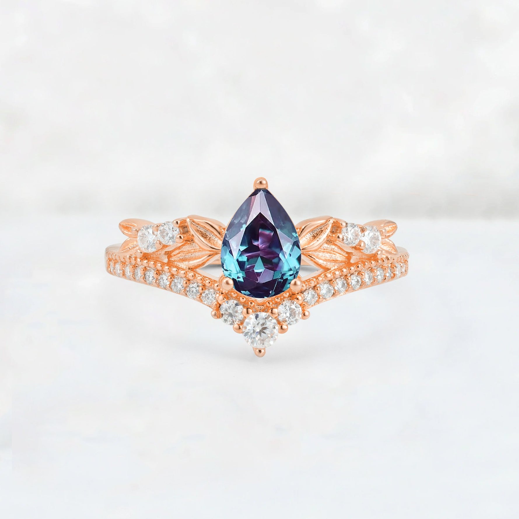 Pear Cut Alexandrite Leaf Chevron Bridal Ring Set - Additional view