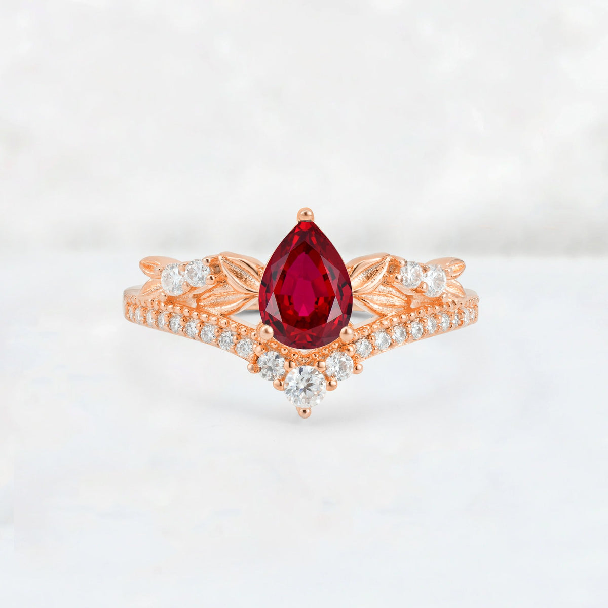 Pear Cut Ruby Leaf Chevron Bridal Ring Set - Additional view