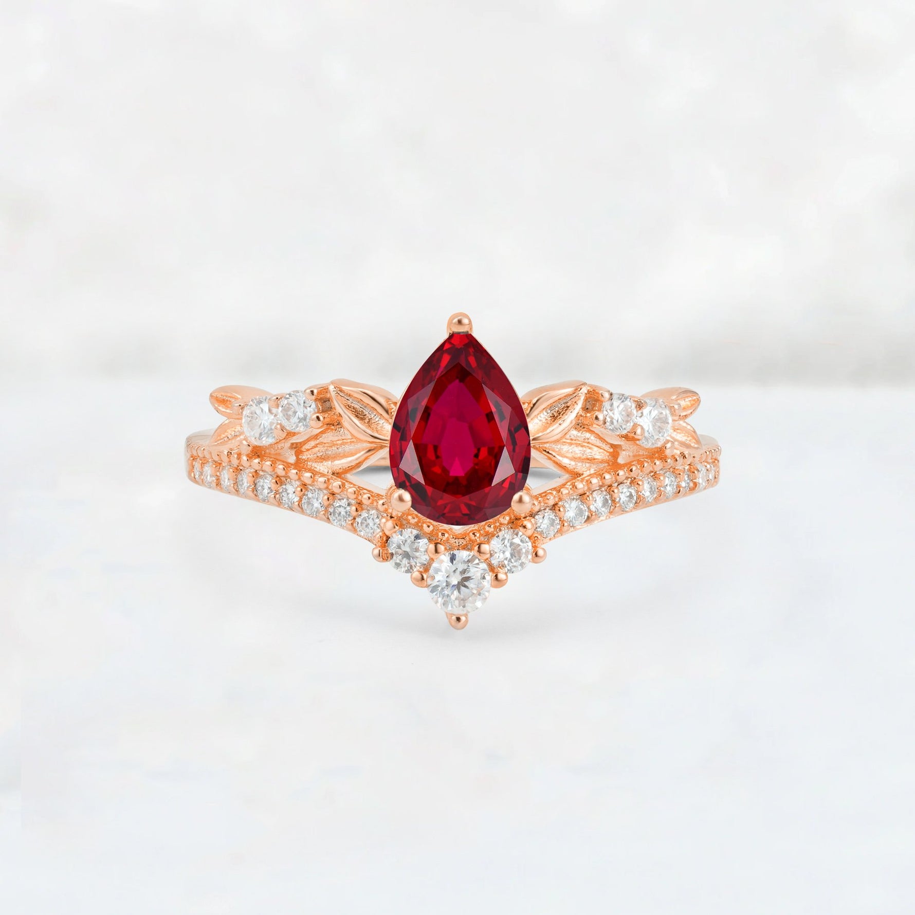Pear Cut Ruby Leaf Chevron Bridal Ring Set - Additional view